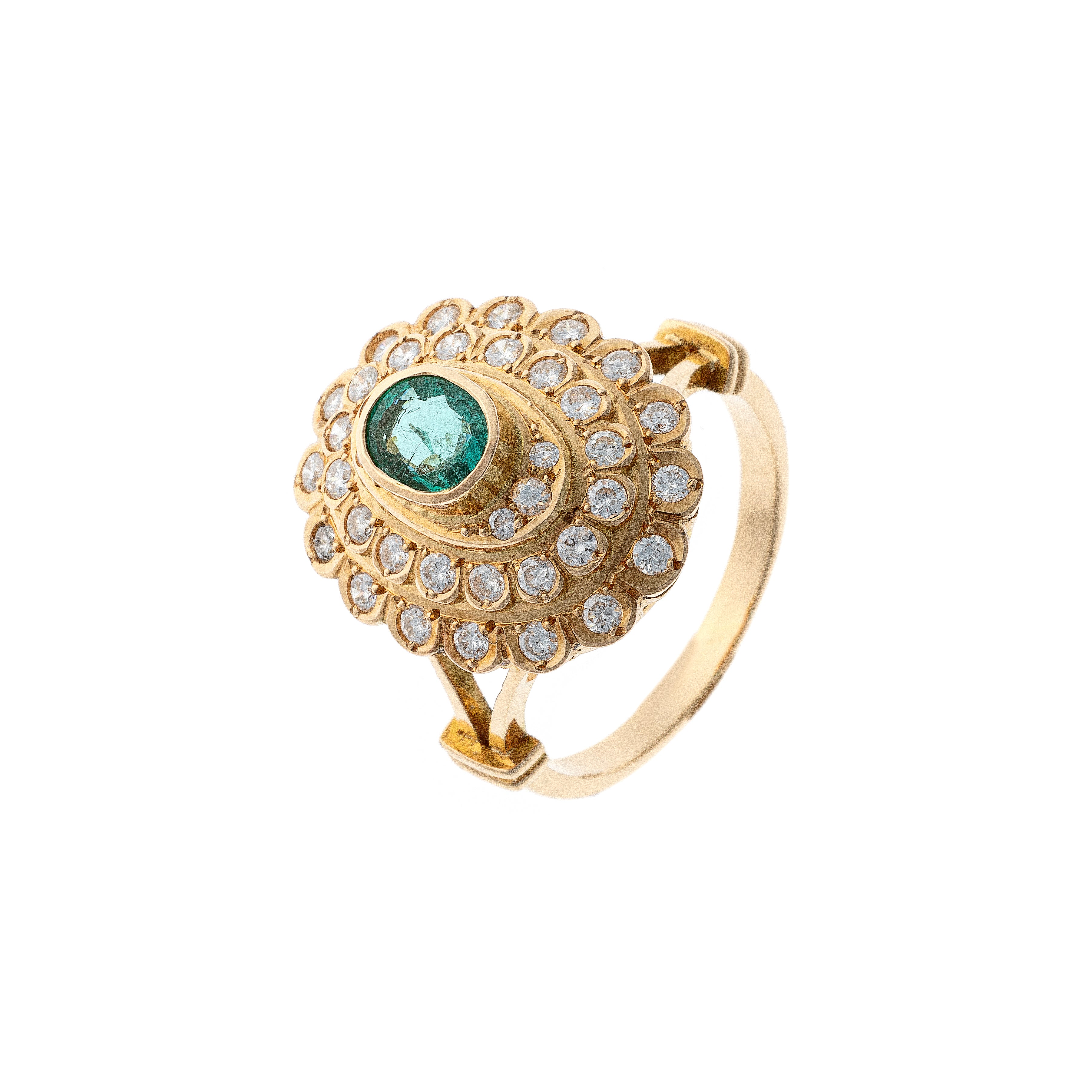 Mid-Century scalloped gold emerald and diamond double halo cocktail ring.