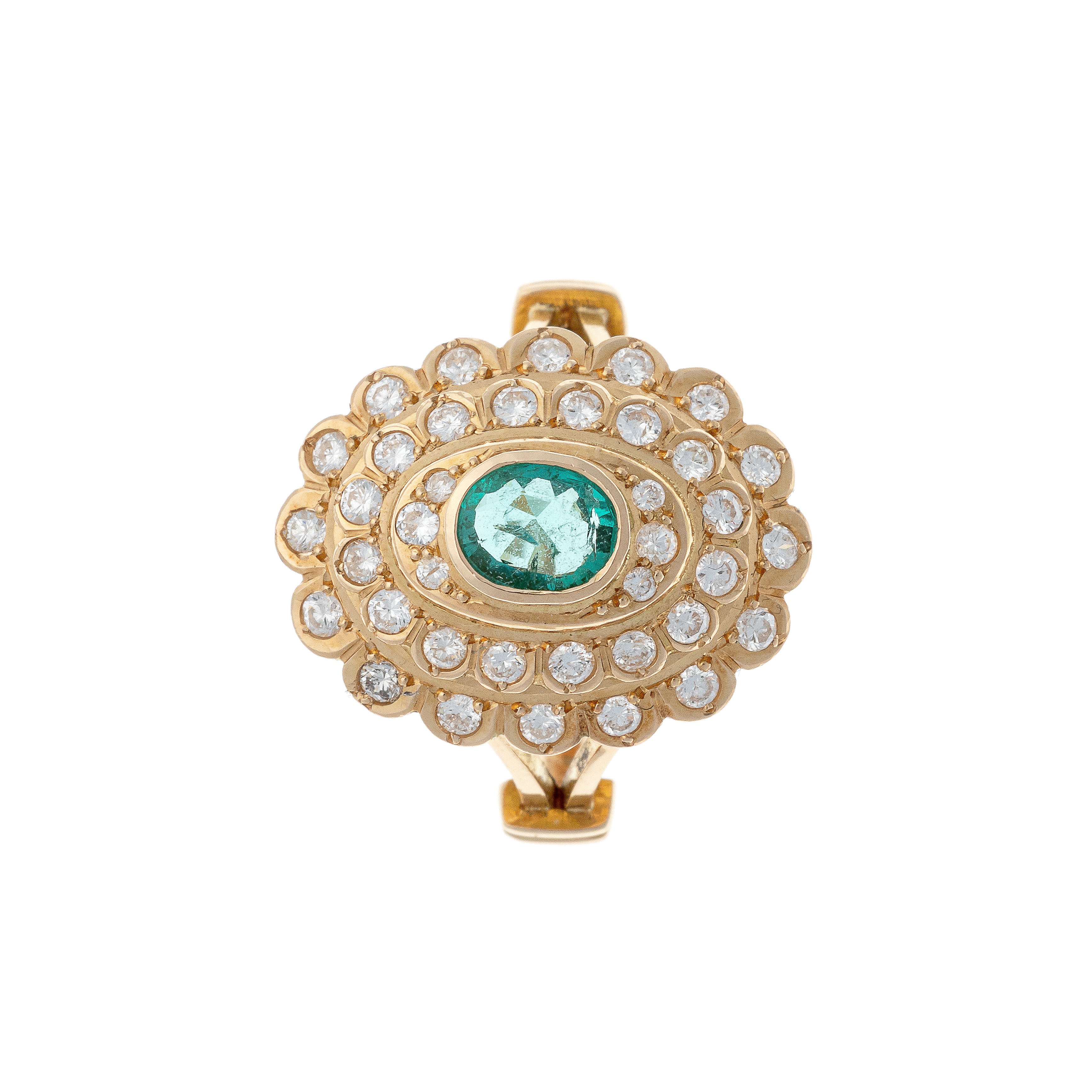 Oberseite des Mid-Century gewellten Doppel-Halo-Cocktailrings aus Gold mit Smaragd und Diamant.