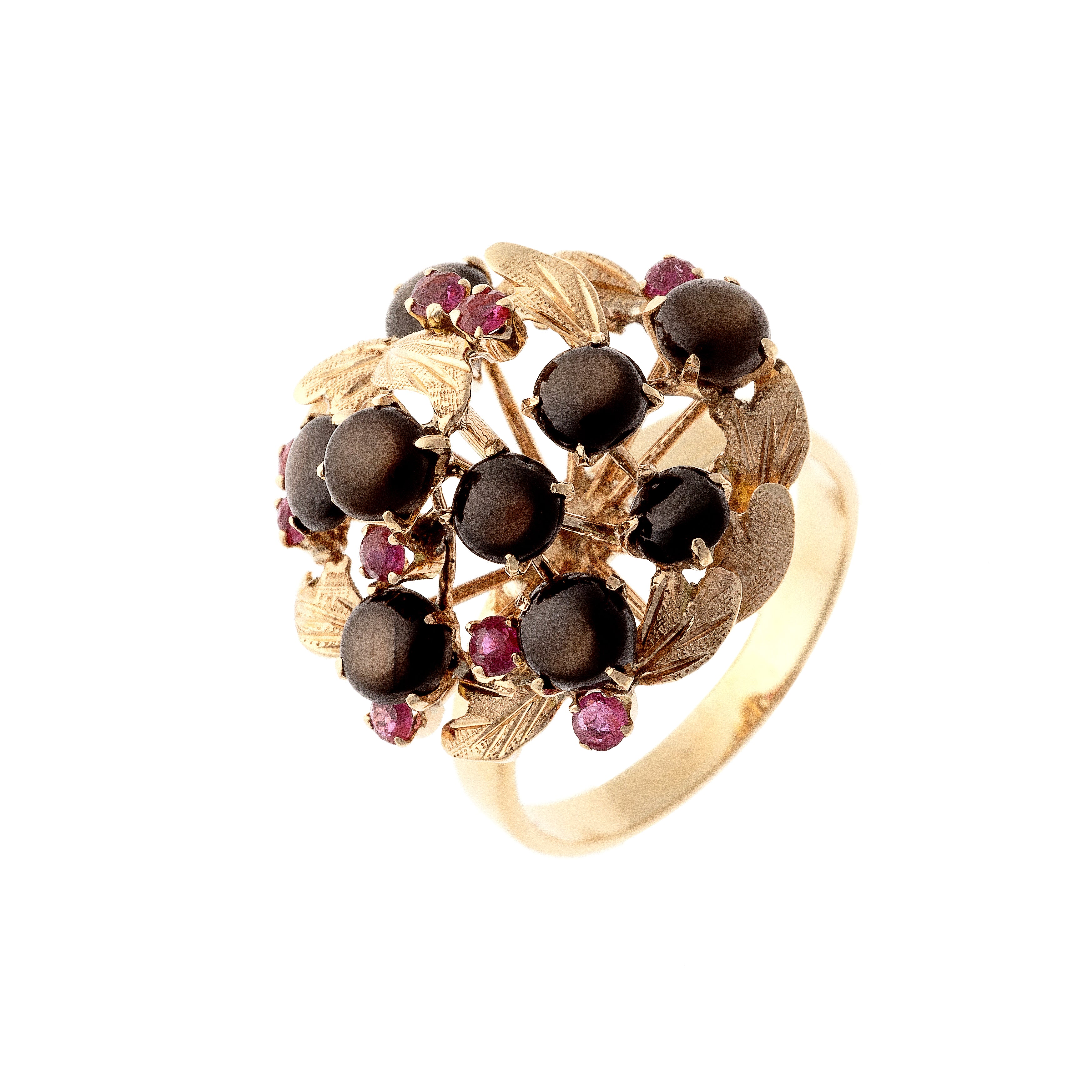 Mid-Century gold star sapphire and ruby cluster cocktail ring.