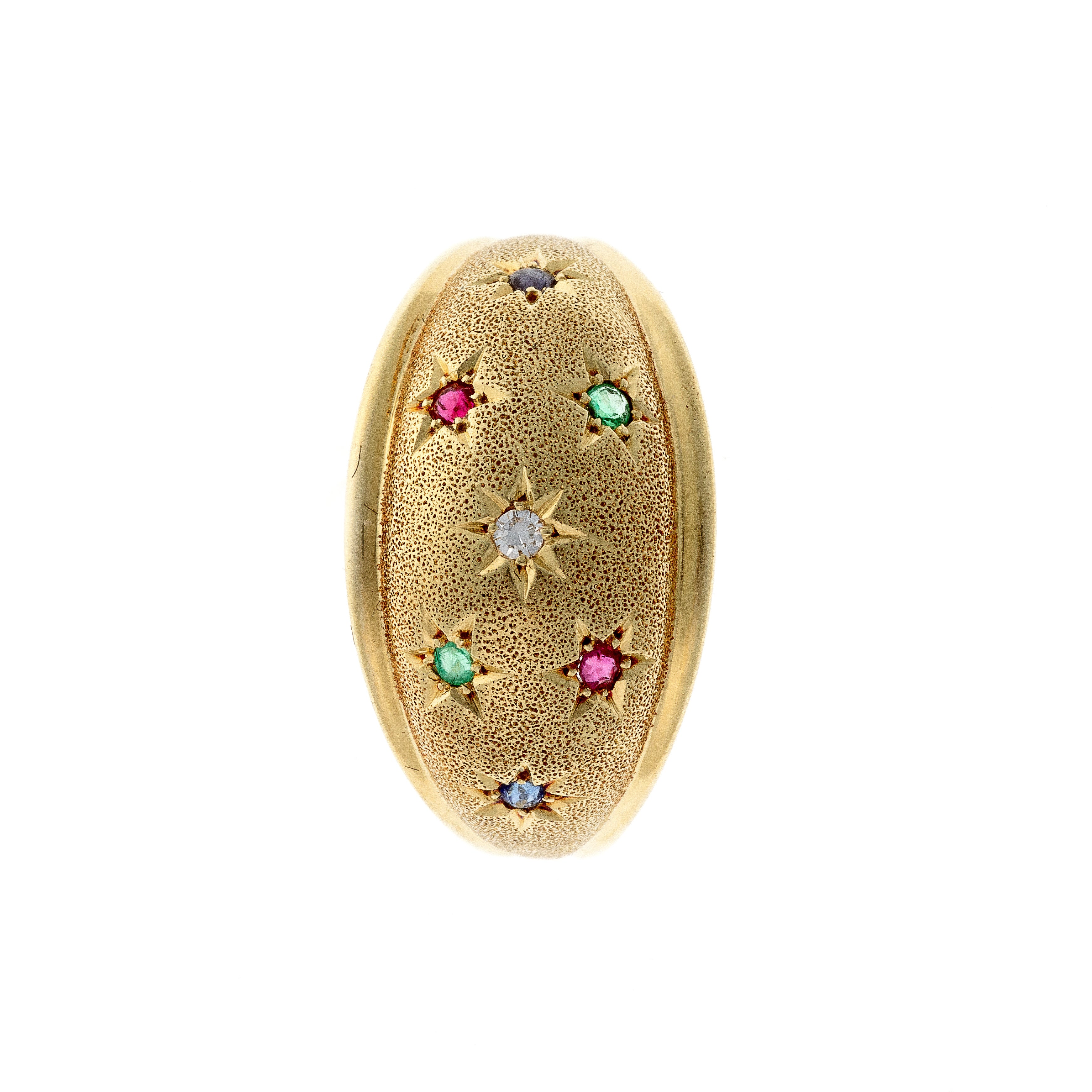 Top of the vintage Mid-Century or sablé multi-gem star-set dome cocktail ring.