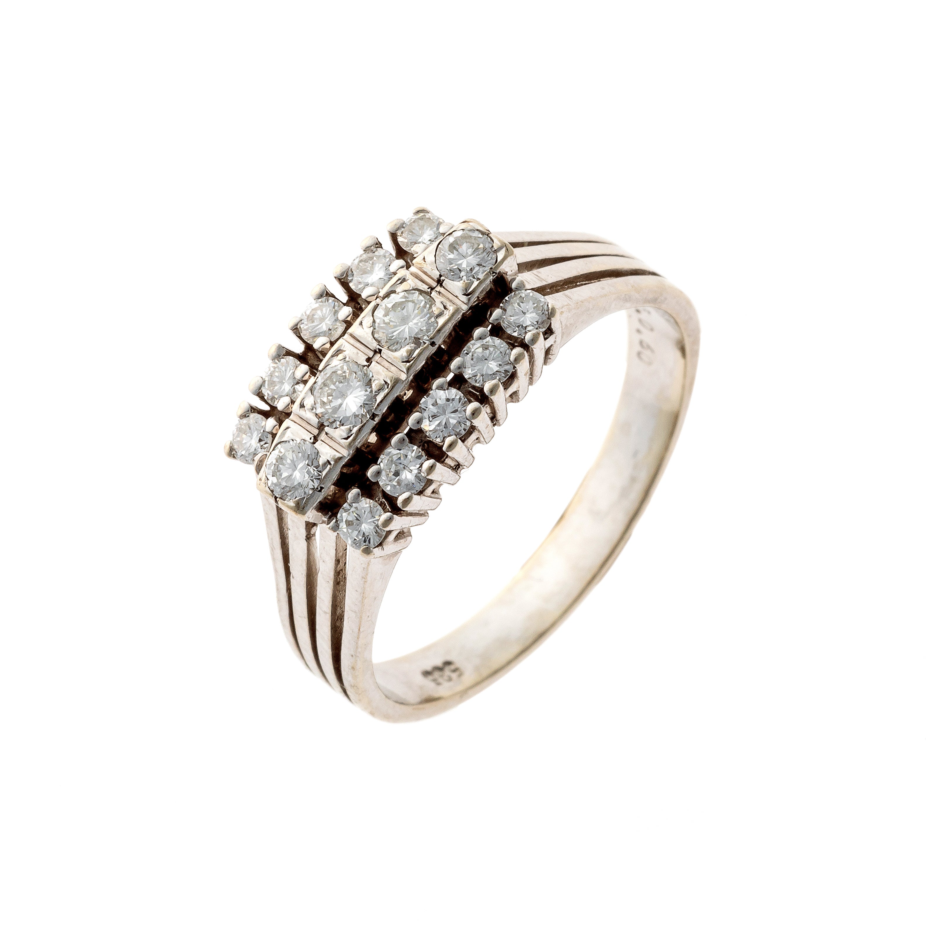 Vintage Mid-Century white gold triple row diamond cocktail ring.