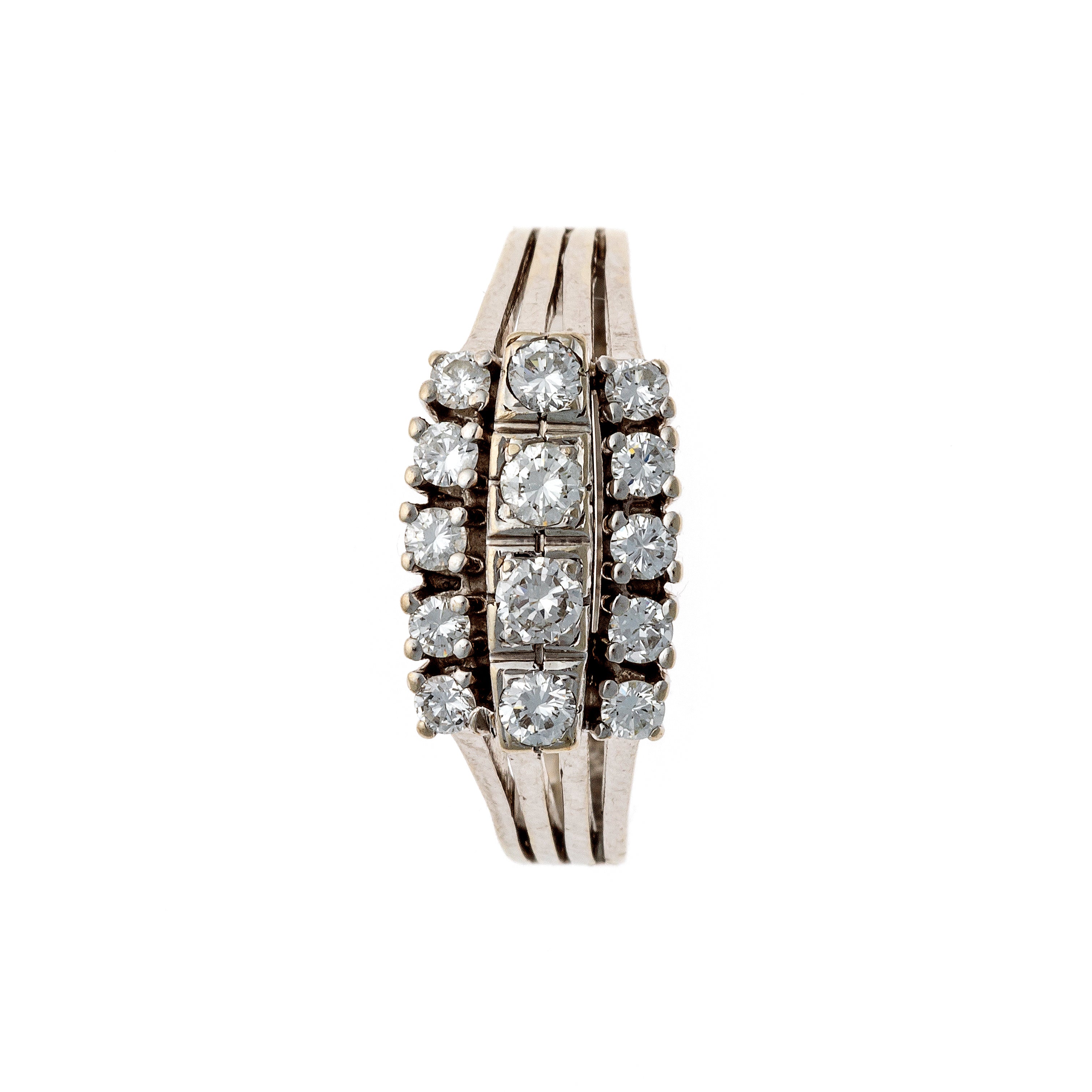 Top of the vintage Mid-Century white gold triple row diamond cocktail ring.