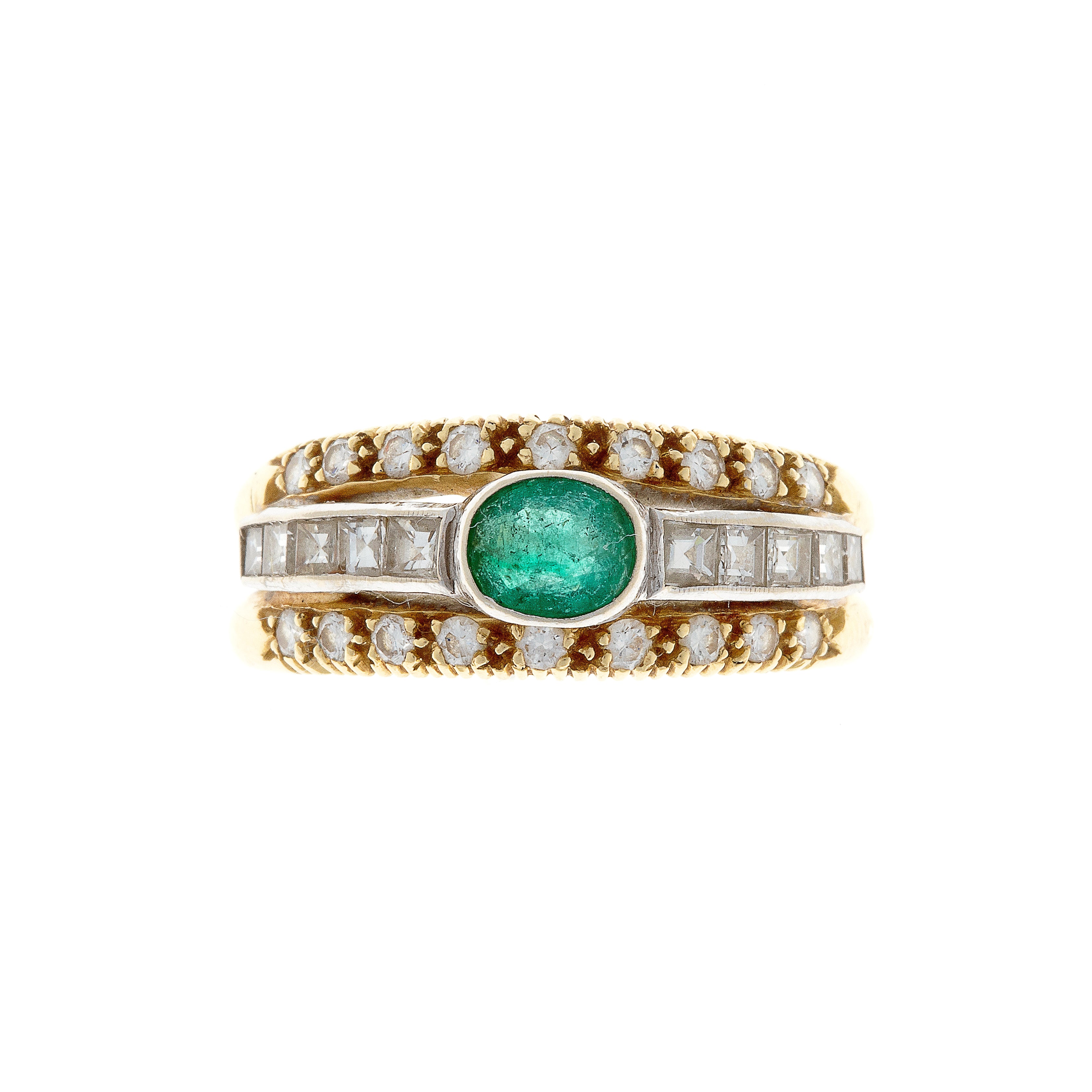 French-crafted vintage mid-century two-tone gold ring with an oval emerald and brilliant-cut diamond shoulders.