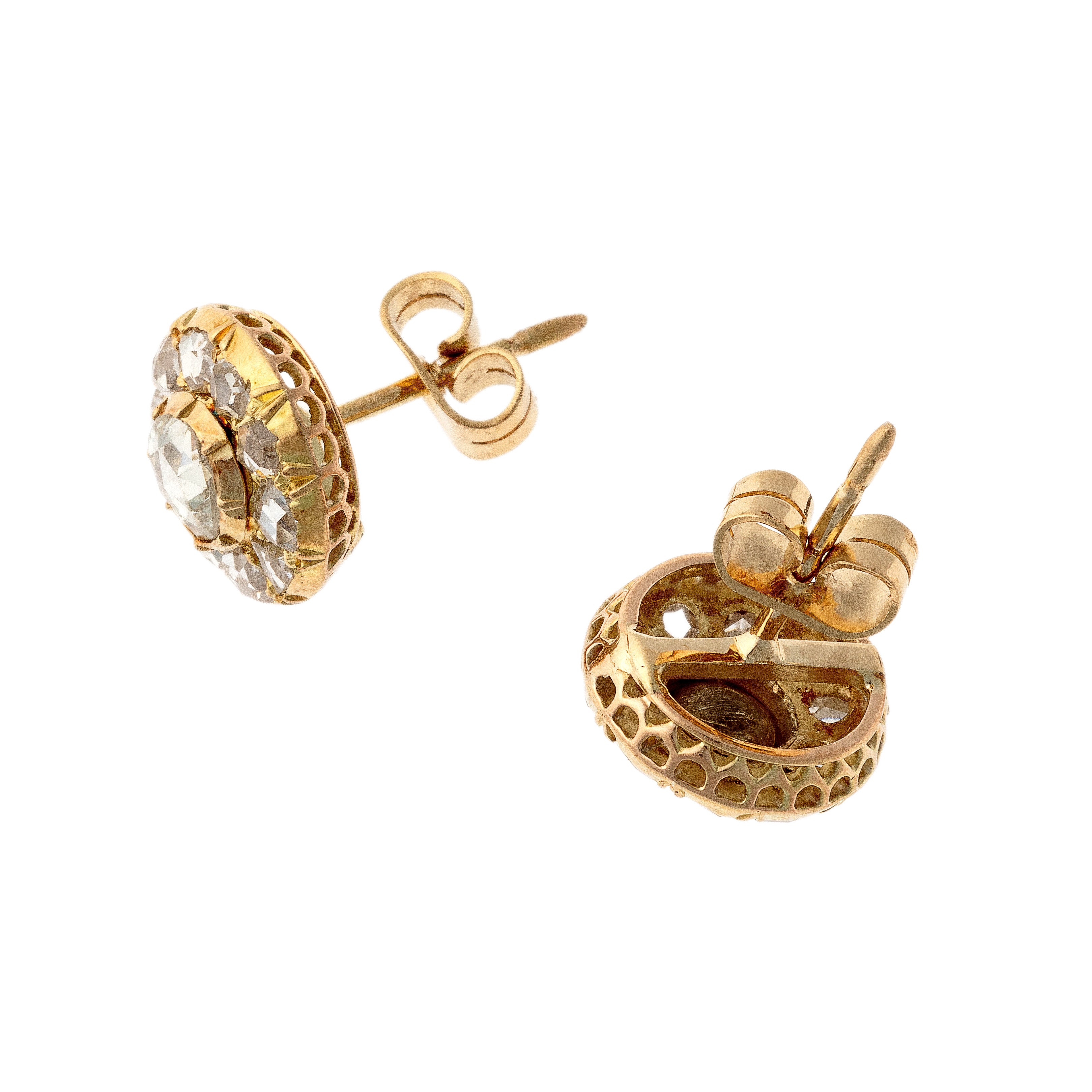 Angled pair of Mid-Century Victorian revival rose-cut diamond cluster earrings.