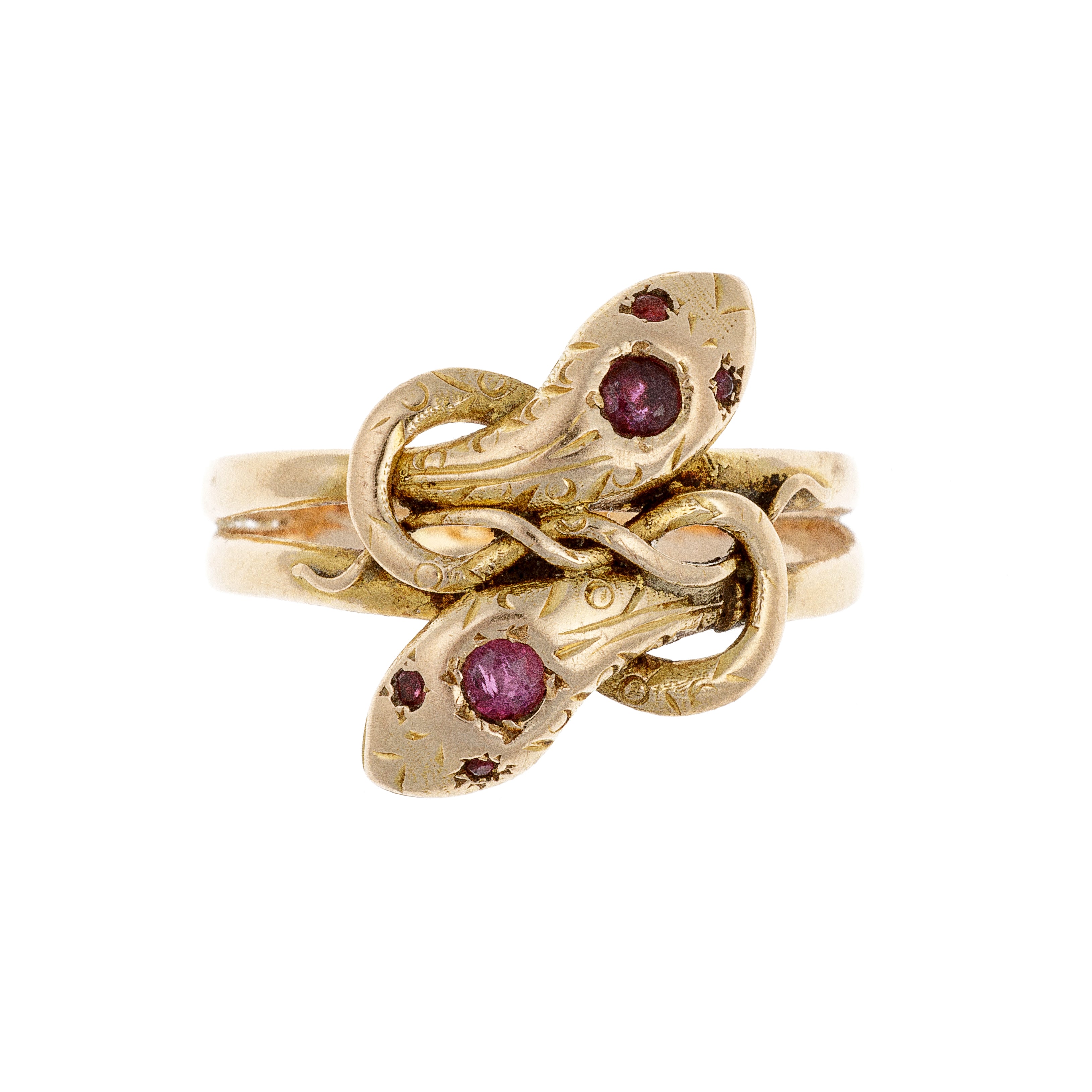 Front view of Mid-Century Belgian gold snake ring with ruby-set heads and twisted serpent motif.