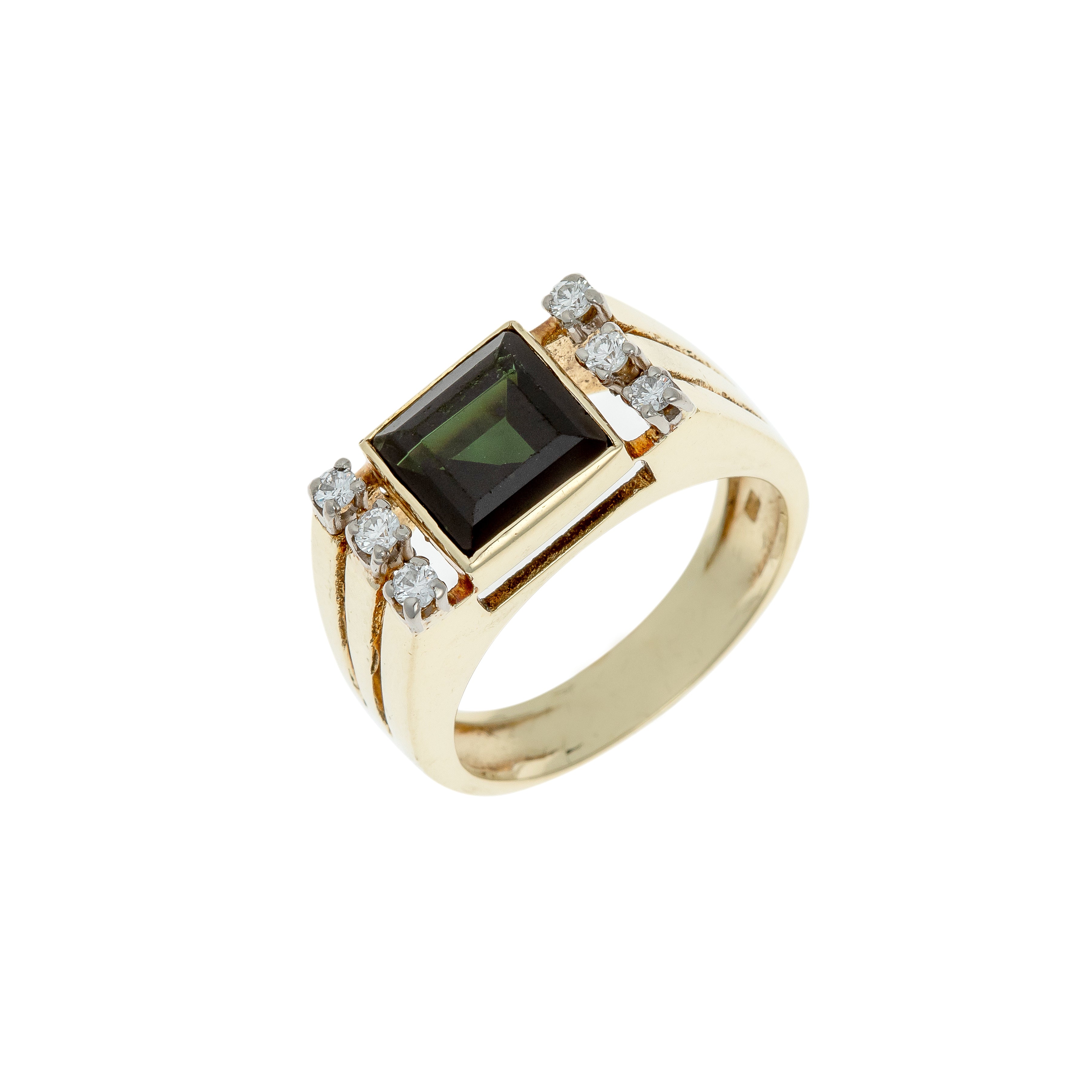 A bold mid-century 14k gold ring featuring a square-cut green tourmaline and six round diamonds on the band.