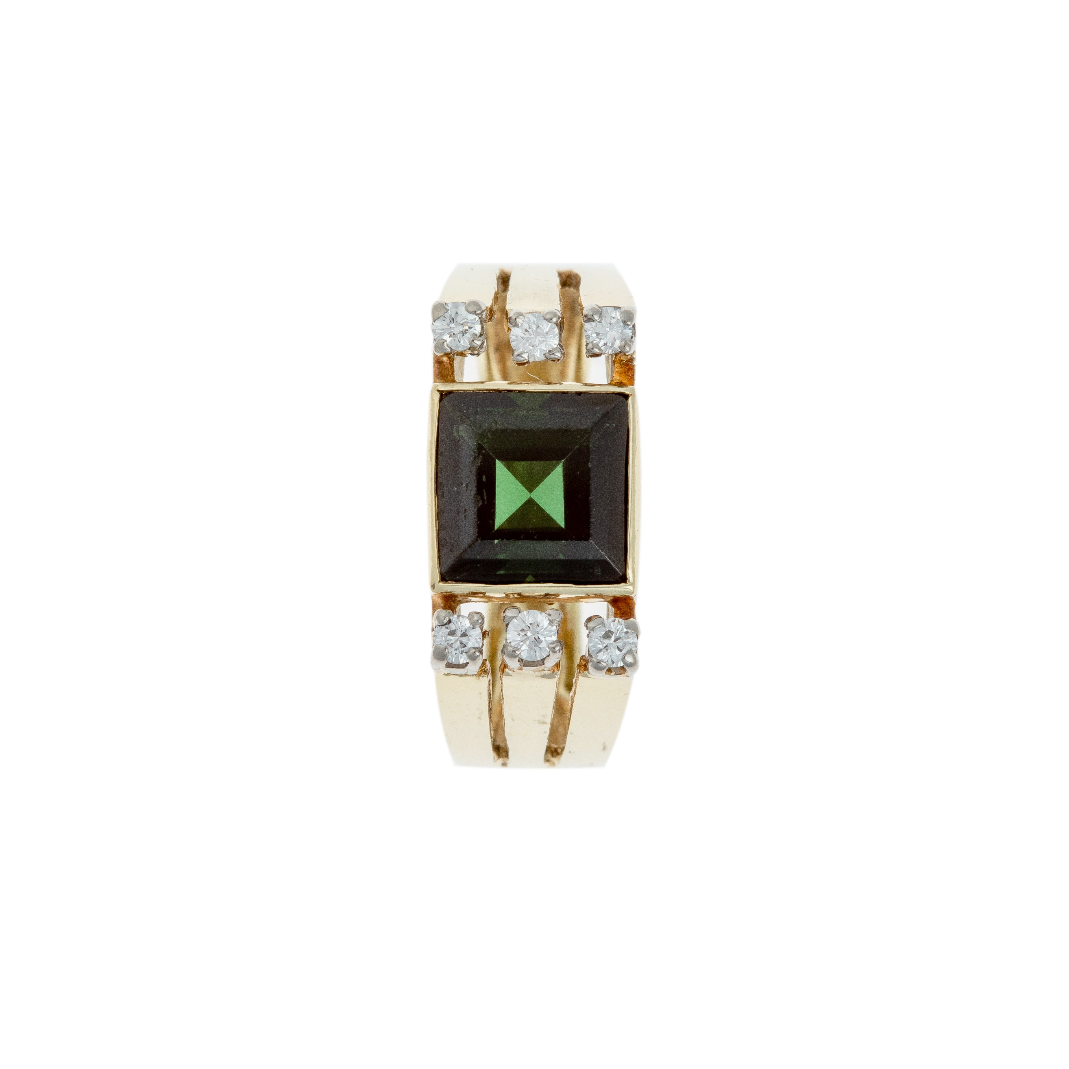 Top view emphasizing the geometric arrangement of the center tourmaline and three diamond accents on each side.