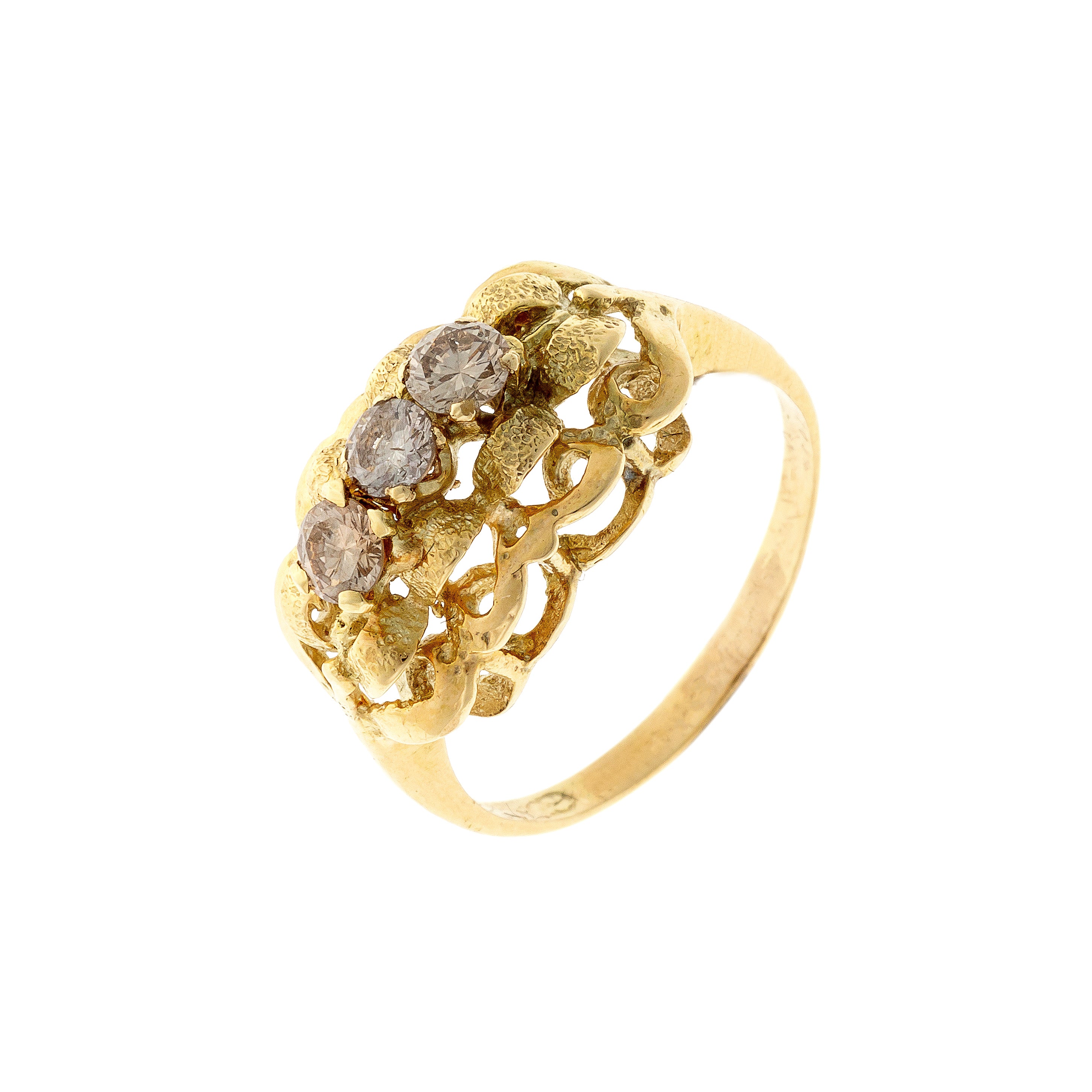 Mid-Century modernist gold sculptural diamond trilogy ring.