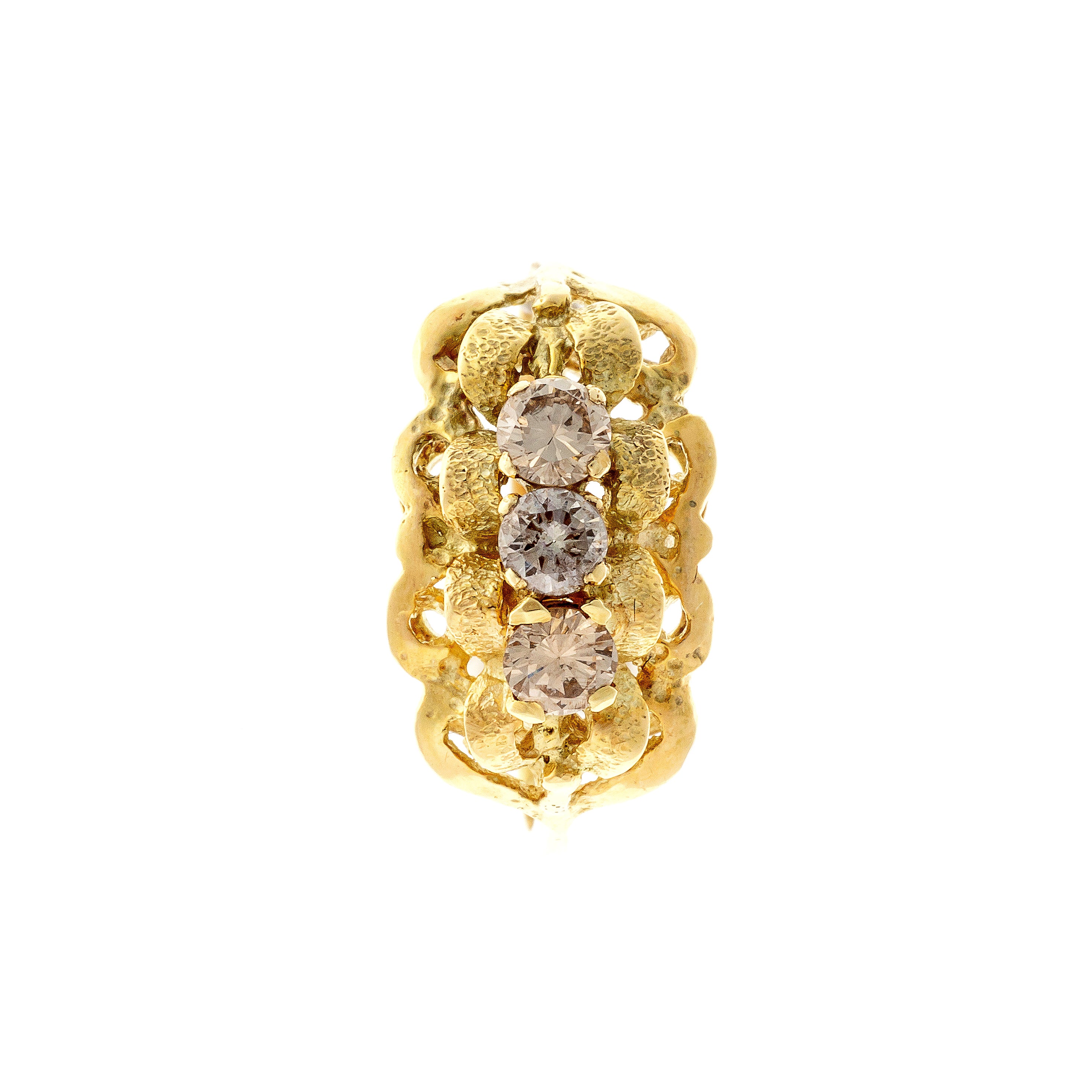 Top of the Mid-Century modernist gold sculptural diamond trilogy ring.