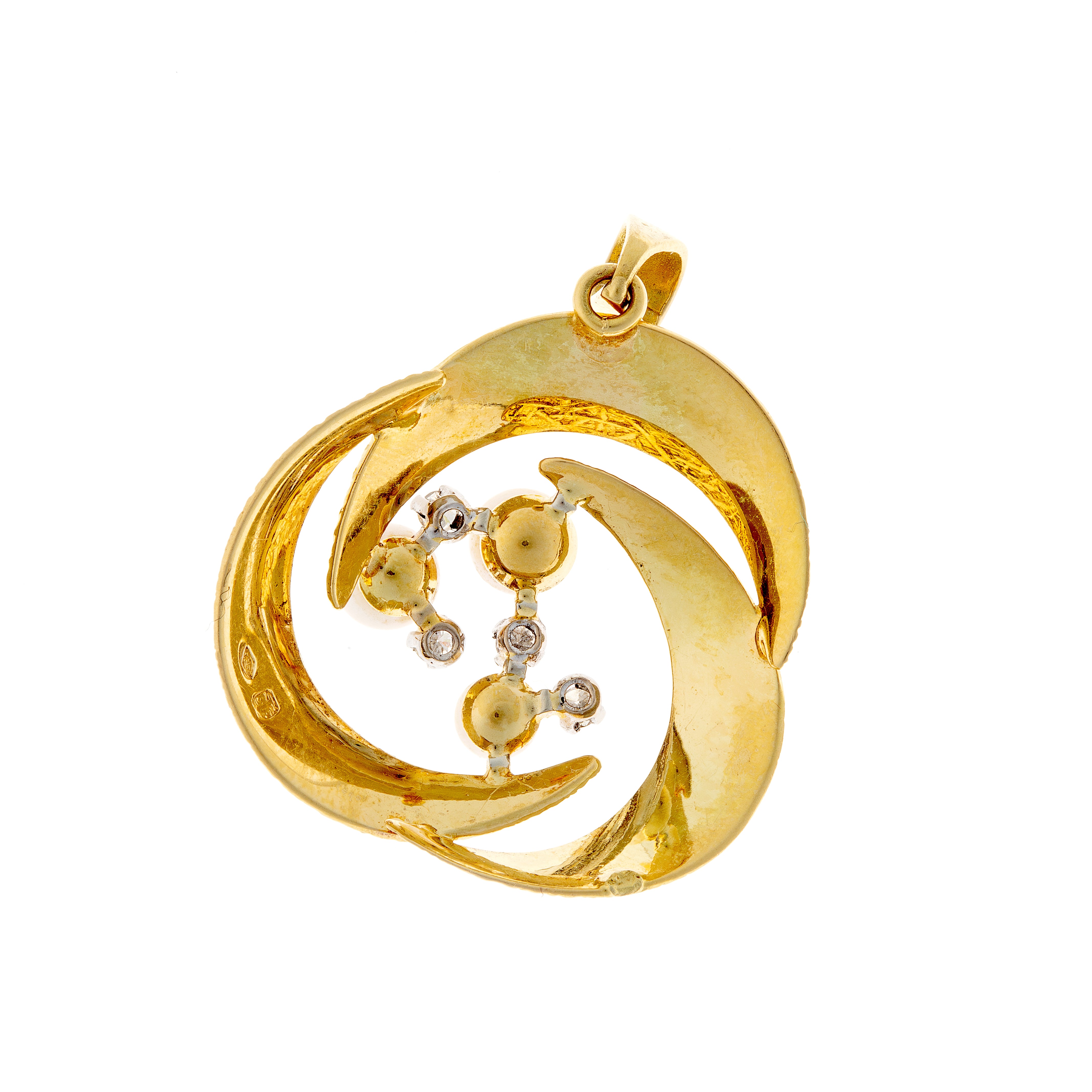 Modern 18k gold pendant featuring floating pearls and 0.2 ct diamond accents