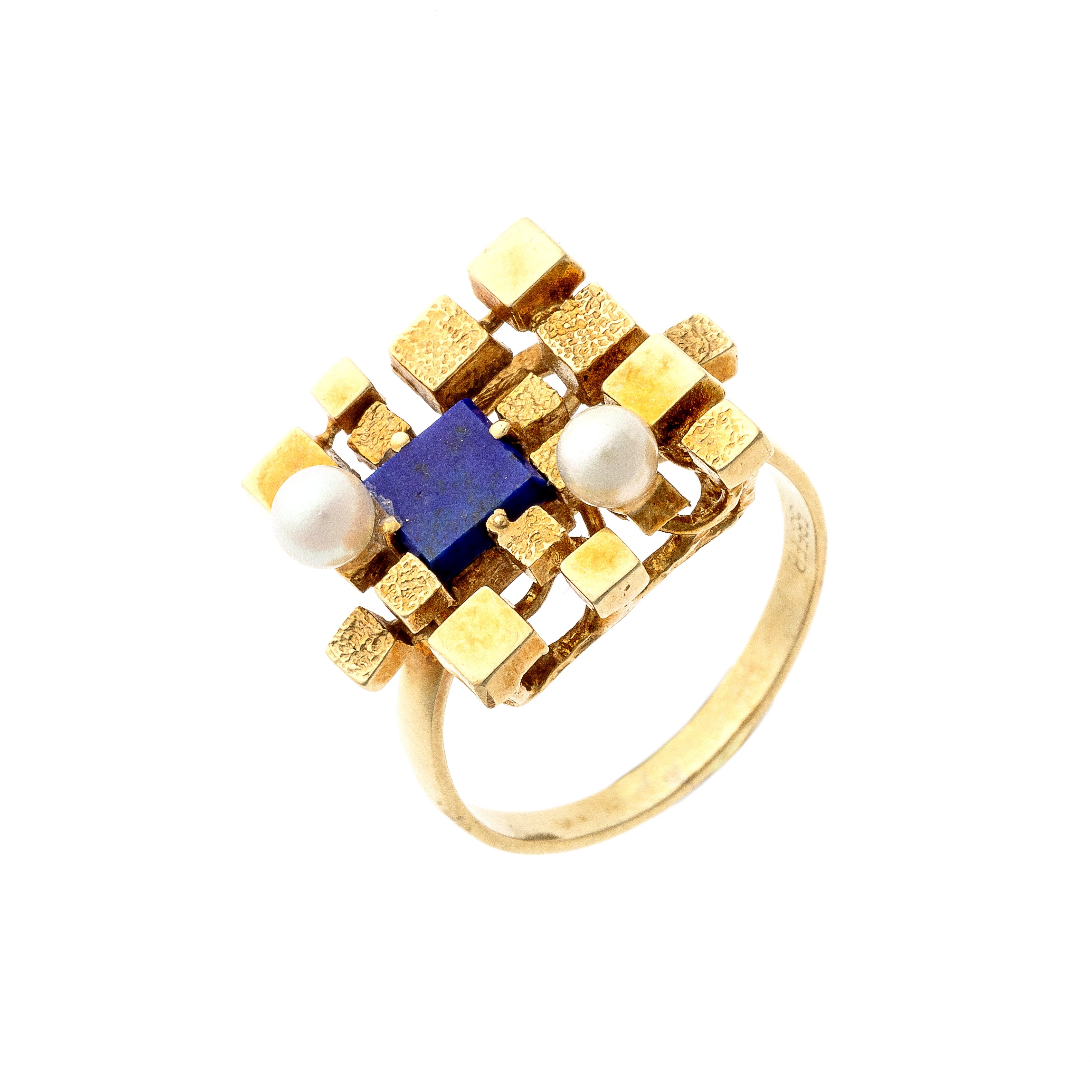 Modernist vintage gold cocktail ring with lapis lazuli and pearls.