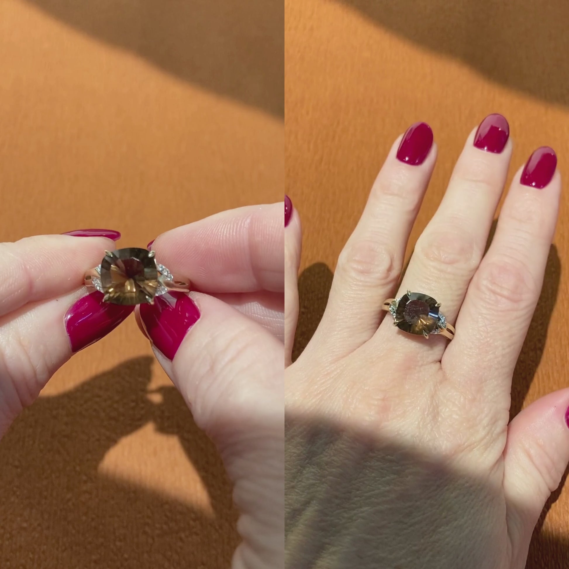 Video of a woman model wearing and showcasing the vintage gold Brazilian smoky quartz and diamond cocktail ring.
