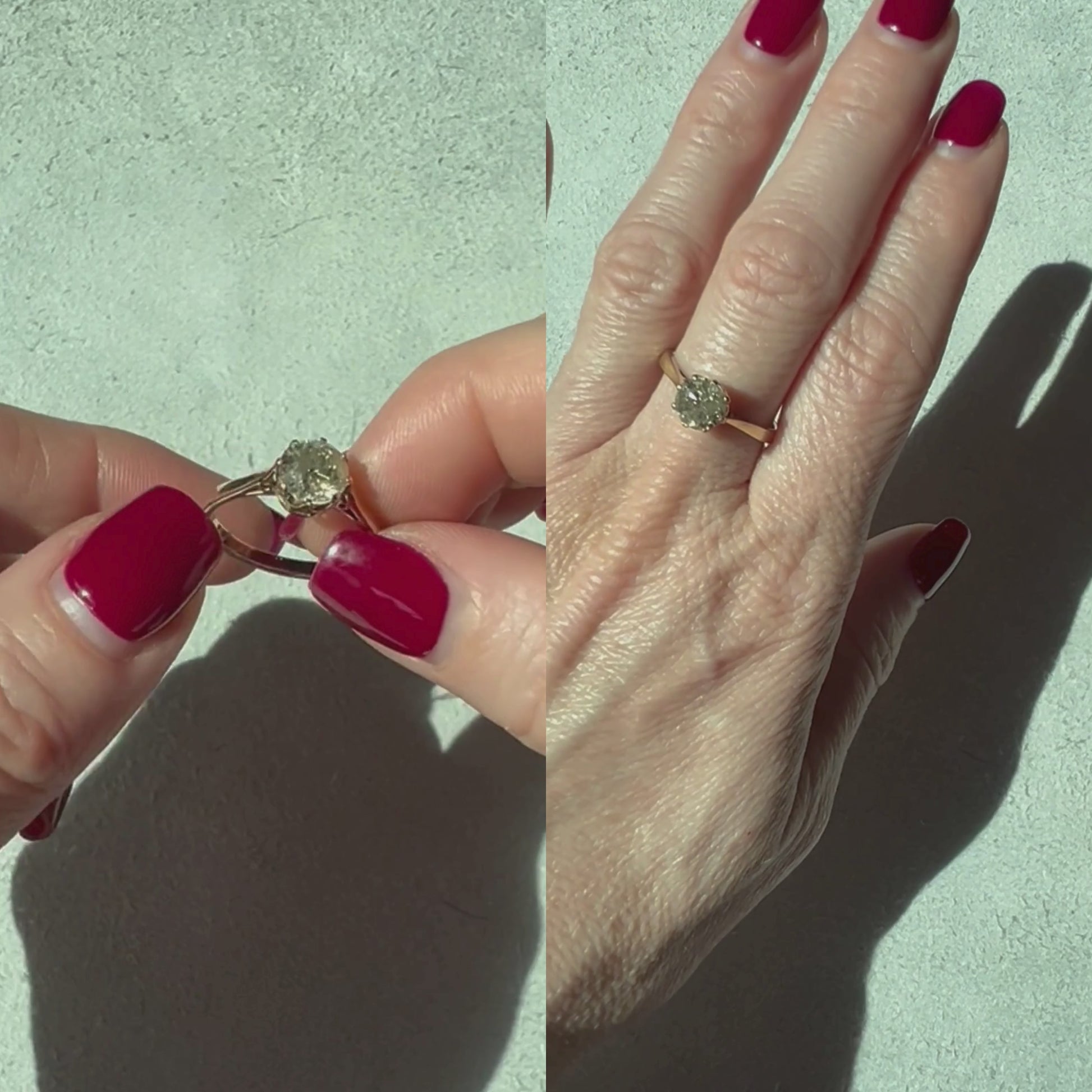 Woman showcasing and wearing the vintage gold diamond solitaire engagement ring.