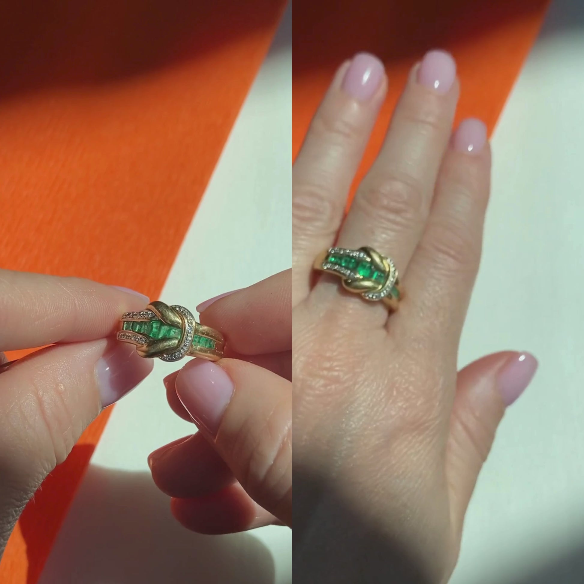 Video of a woman model showcasing and wearing the contemporary vintage gold cocktail ring with diamonds and emeralds.