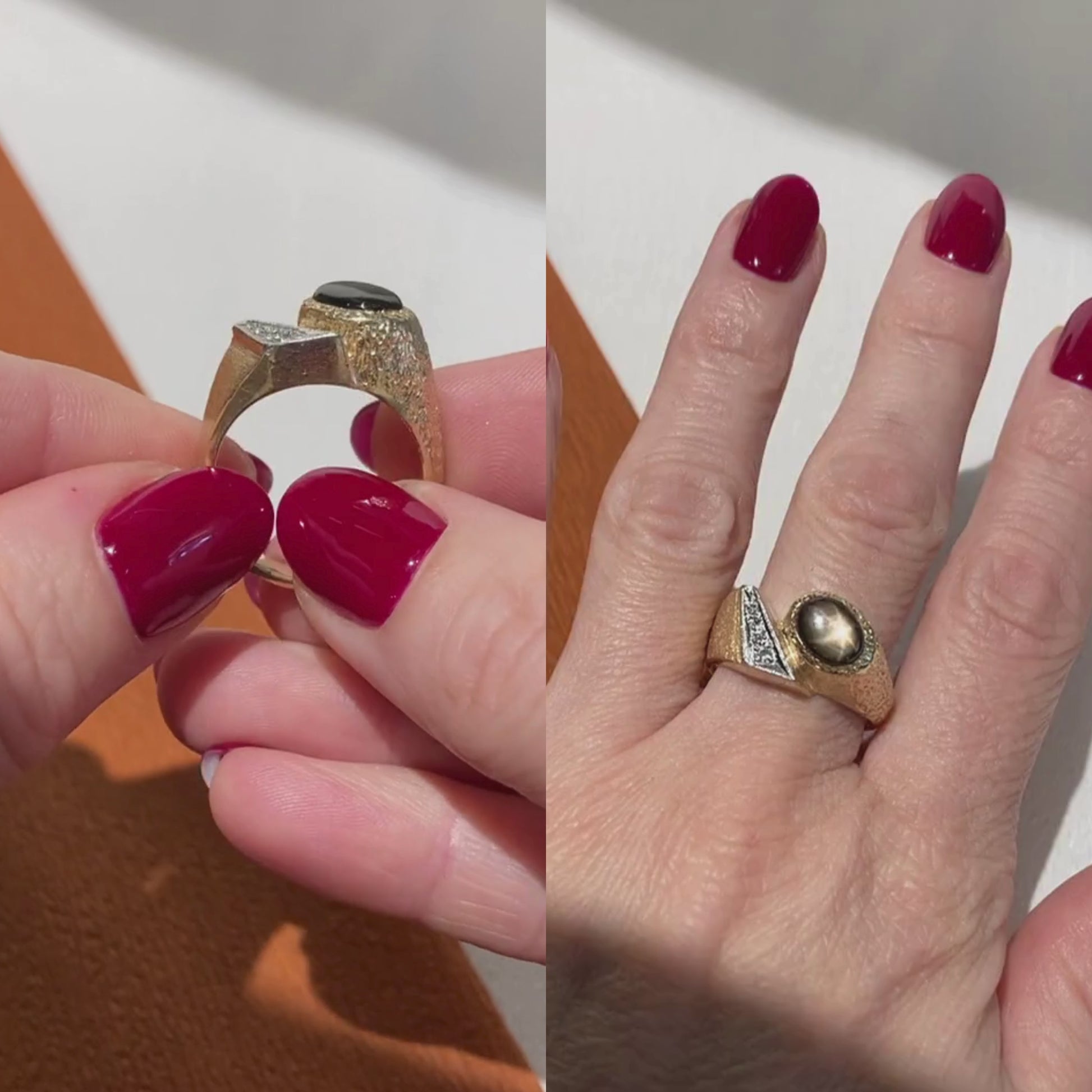 Video of a woman model wearing and showcasing the 1970s avant-garde gold ring with diamonds and star sapphire.