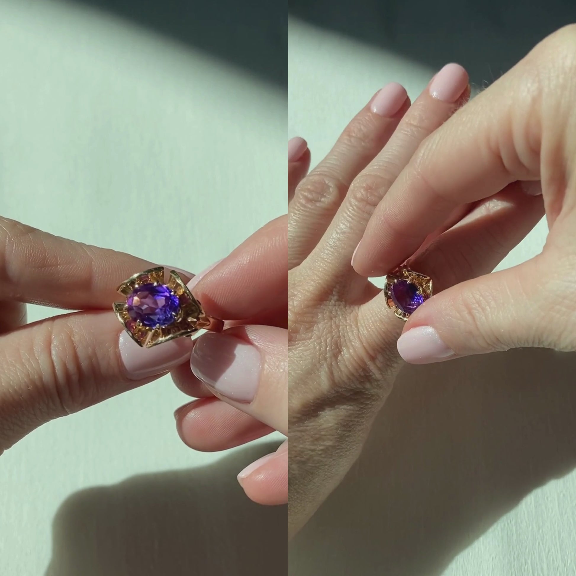 Video of a model woman showcasing and wearing the vintage gold cocktail ring with lab-grown violet corundum.