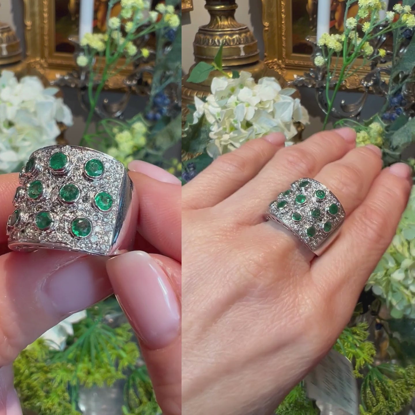 Model hand showcasing the vintage white gold emerald and diamond cocktail ring.