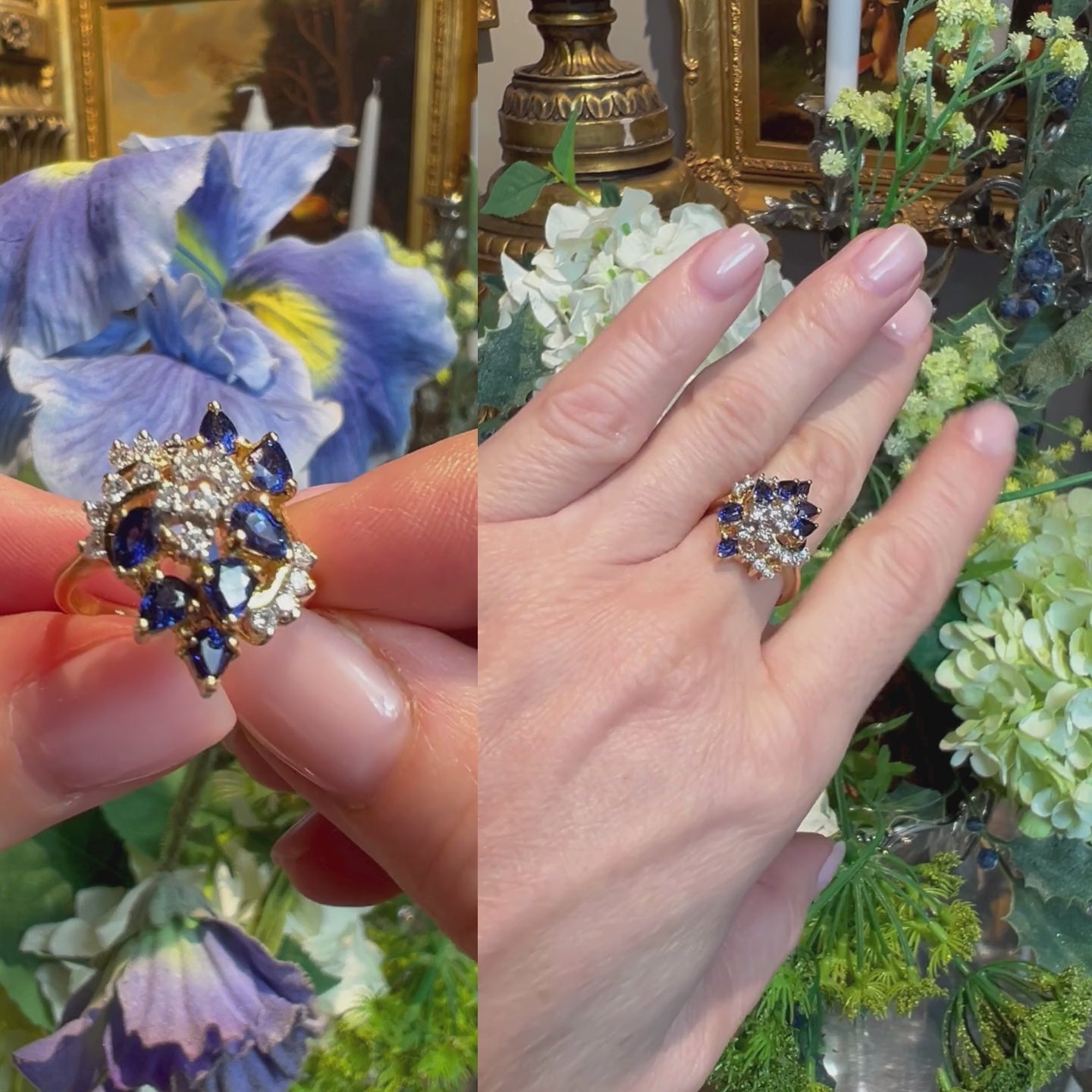 Model hands displaying the mid century sapphire and diamond gold cocktail ring.