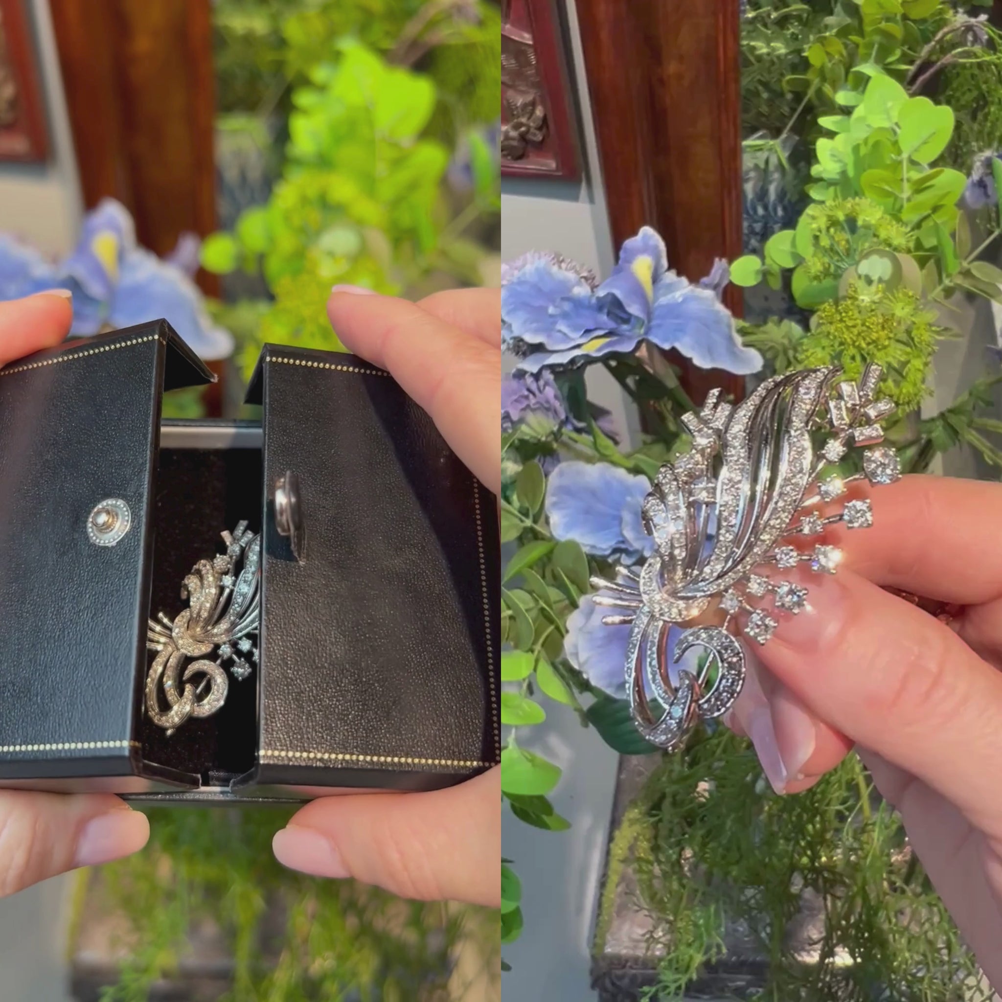 Video of woman holding the Retro French diamond ribbon spray brooch in white gold and palladium, styled for luxury chic elegance.