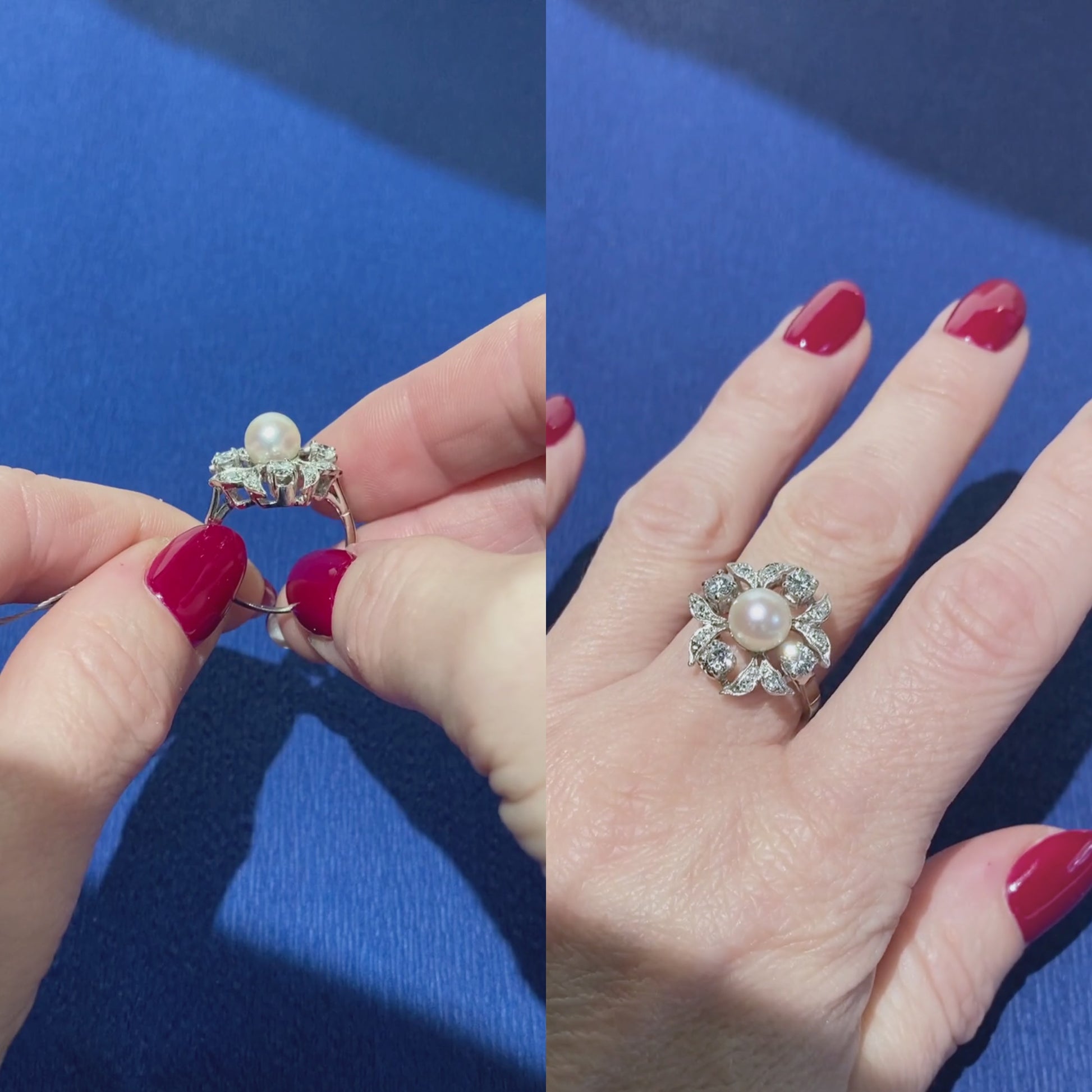Video of a woman model wearing and showcasing the vintage mid-century white gold floral ring with pearl and diamonds.