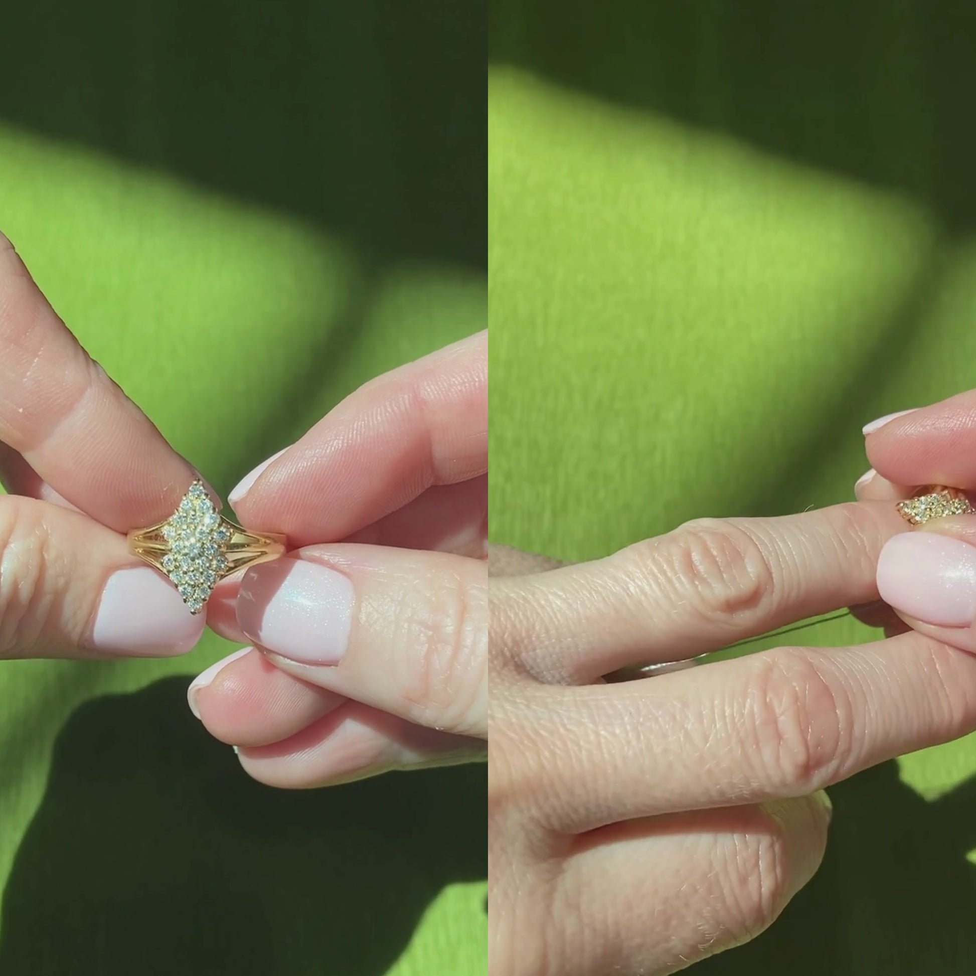 Video of a woman model showcasing and wearing the vintage gold symmetrical diamond cluster cocktail ring.
