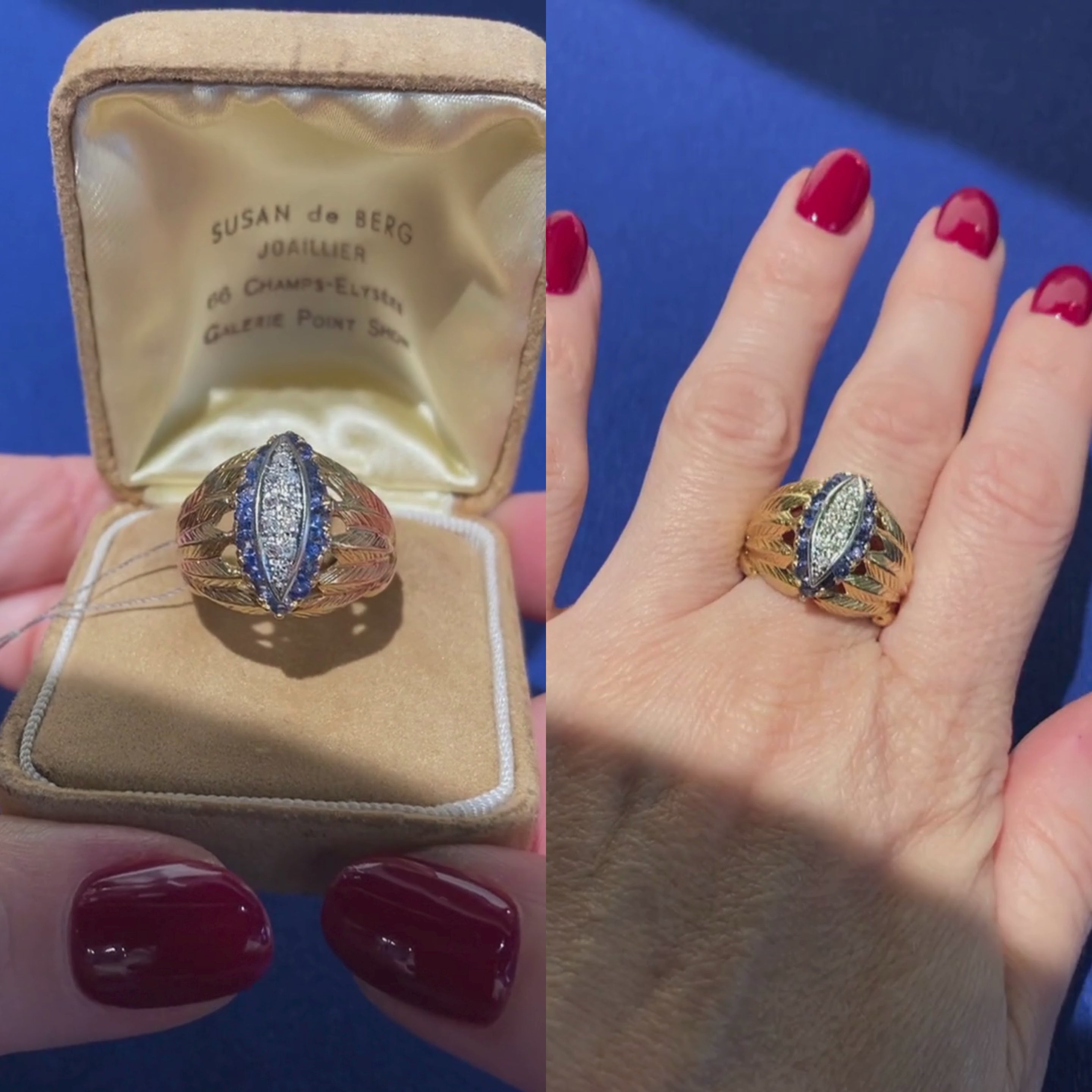 Video of a woman model wearing and showcasing the retro gold marquise cocktail ring with diamonds and sapphires.