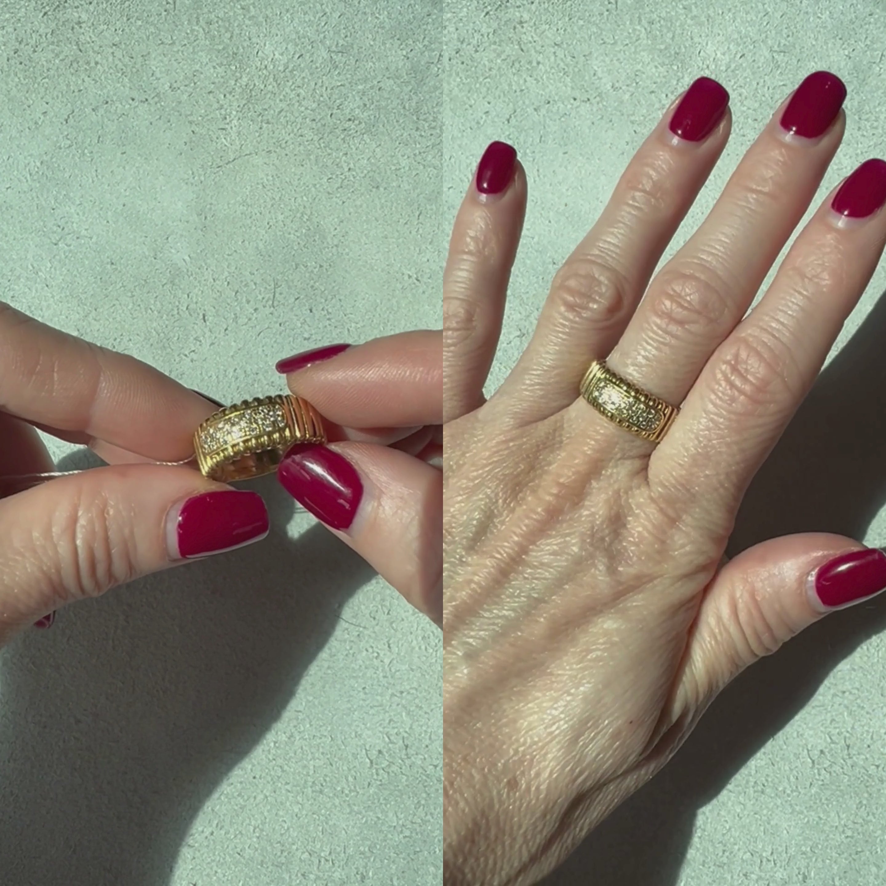 Woman showcasing and wearing the vintage gold ribbed band ring with diamonds.