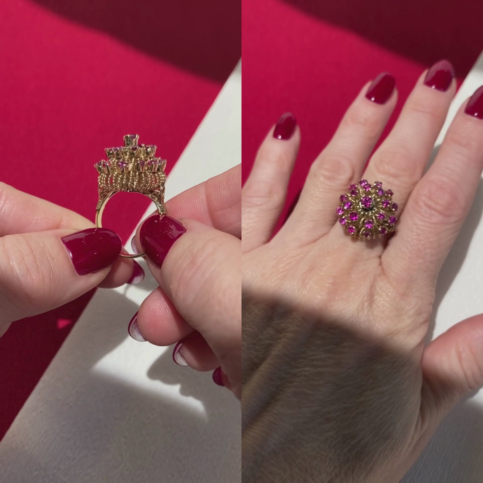 Video of a woman model wearing and showcasing the bespoke vintage ruby cluster gold cocktail ring.