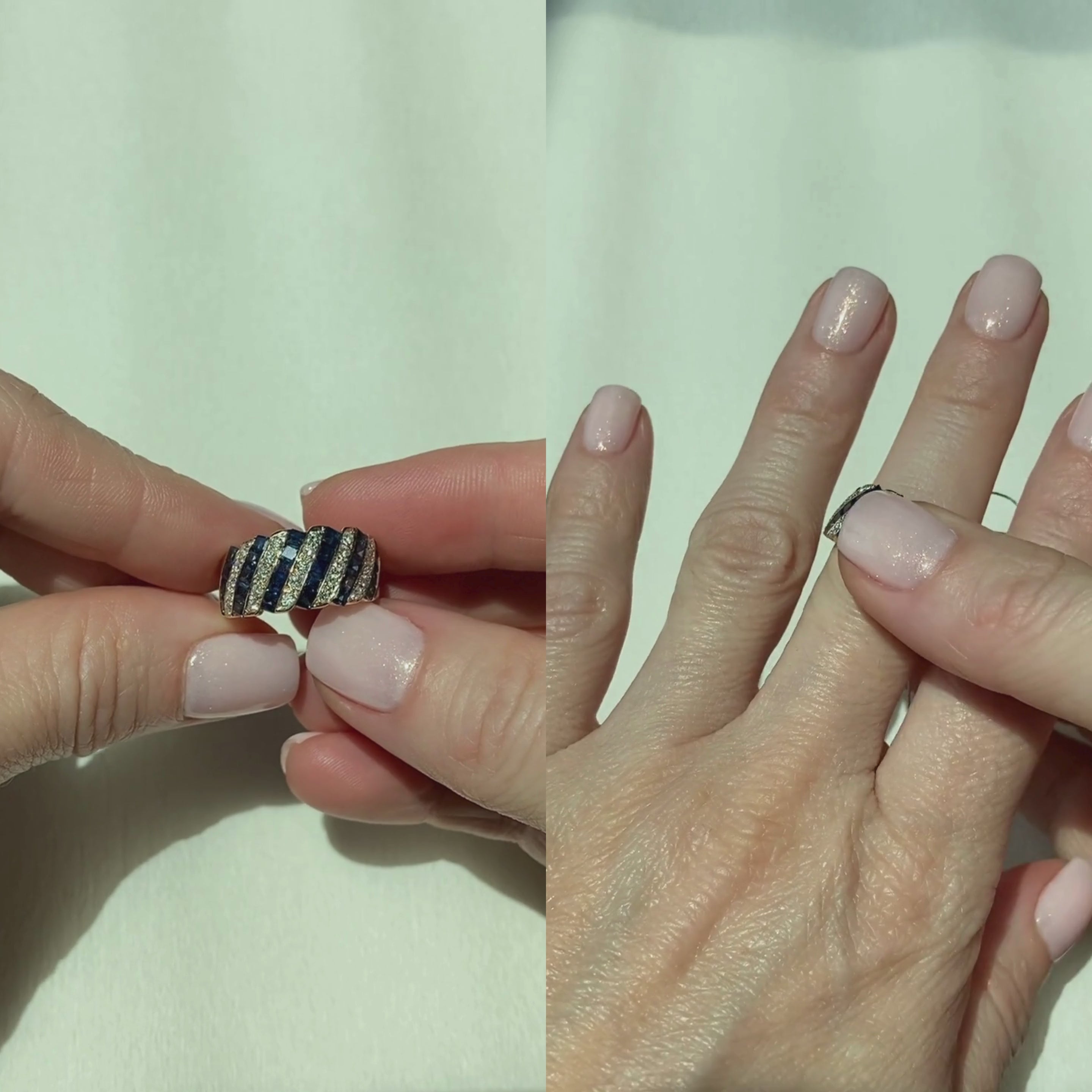 Video of a woman model showcasing and wearing the vintage gold cocktail ring with carre-cut diamonds and sapphires.
