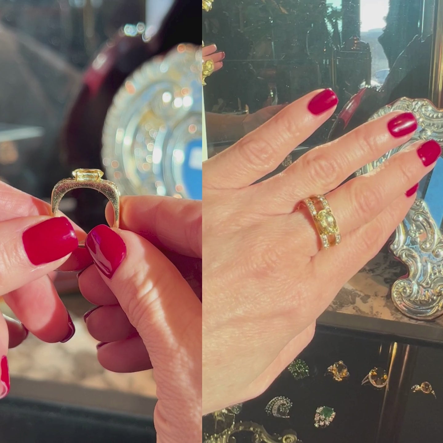 Model hands showcasing the vintage gold cocktail ring with yellow sapphire.
