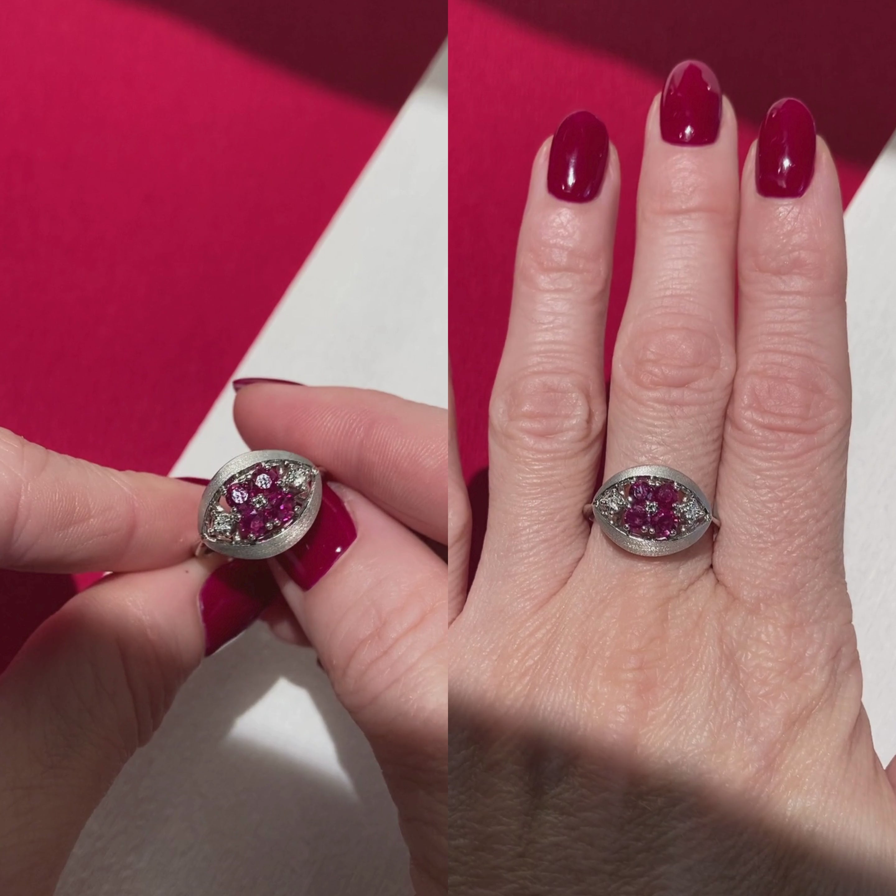 Video of a woman model wearing and showcasing the 1980s vintage white gold ruby and diamond cocktail ring.