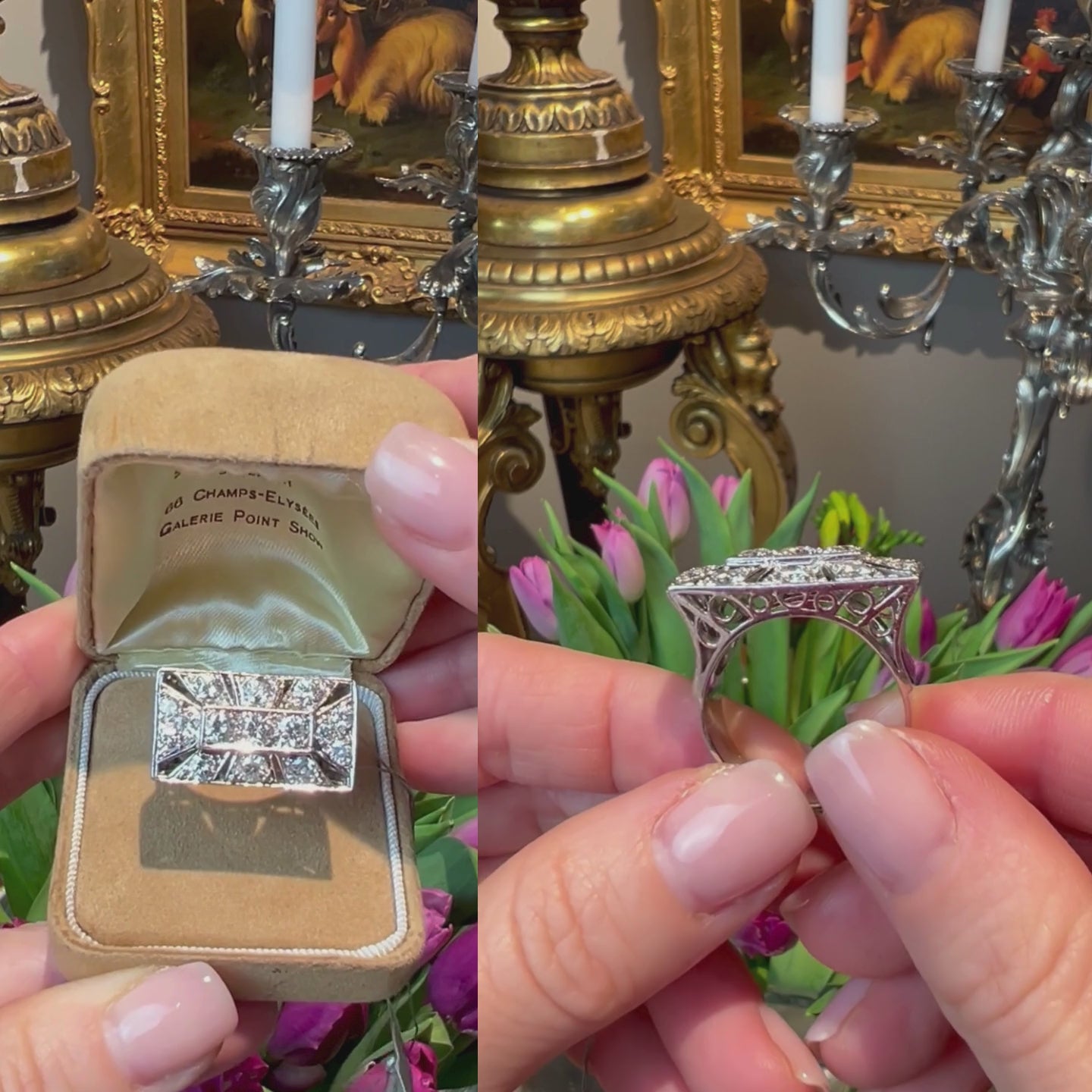 Model hands showcasing the Retro Tank white gold diamond cocktail statement ring.