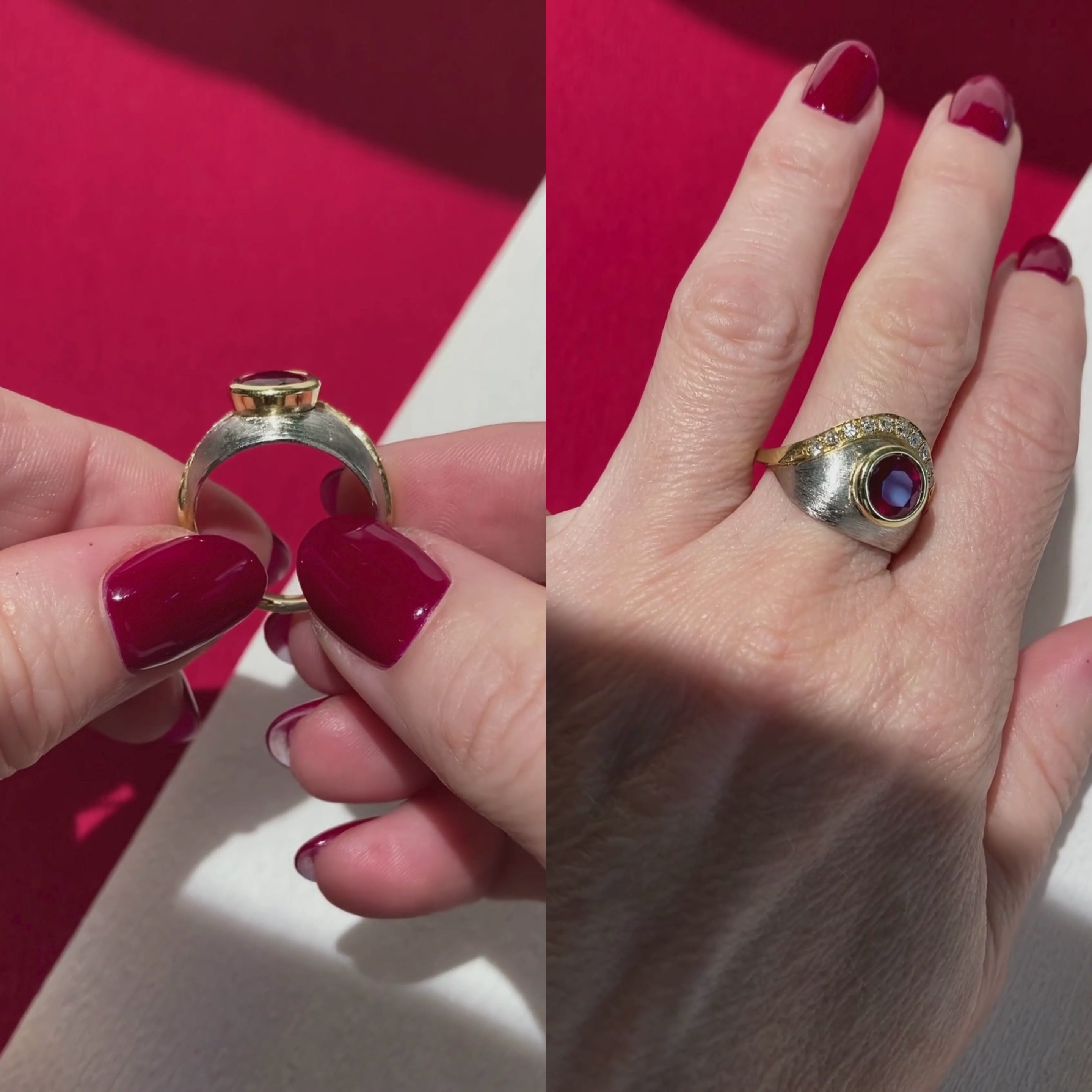 Video of model wearing and showcasing the vintage platinum and gold statement ring with ruby and diamonds.