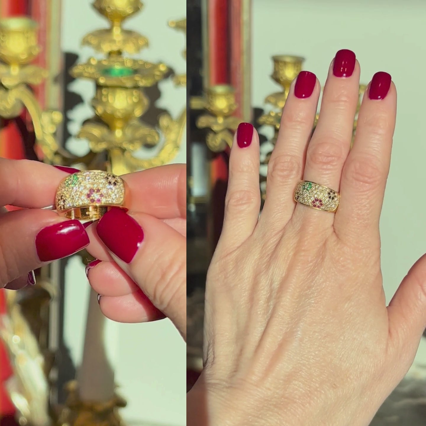 Model hands showcasing the vintage gold cocktail ring with diamonds, emeralds, rubies and sapphires.