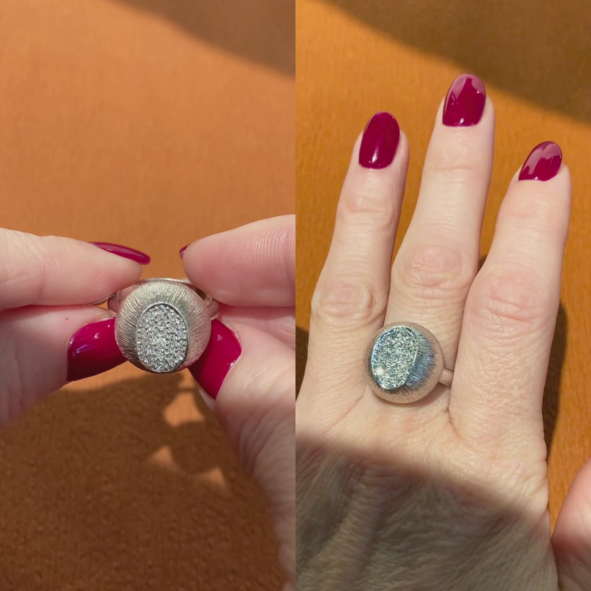 Woman wearing and showcasing the Mid-Century white gold pavé diamond dome cocktail ring. 