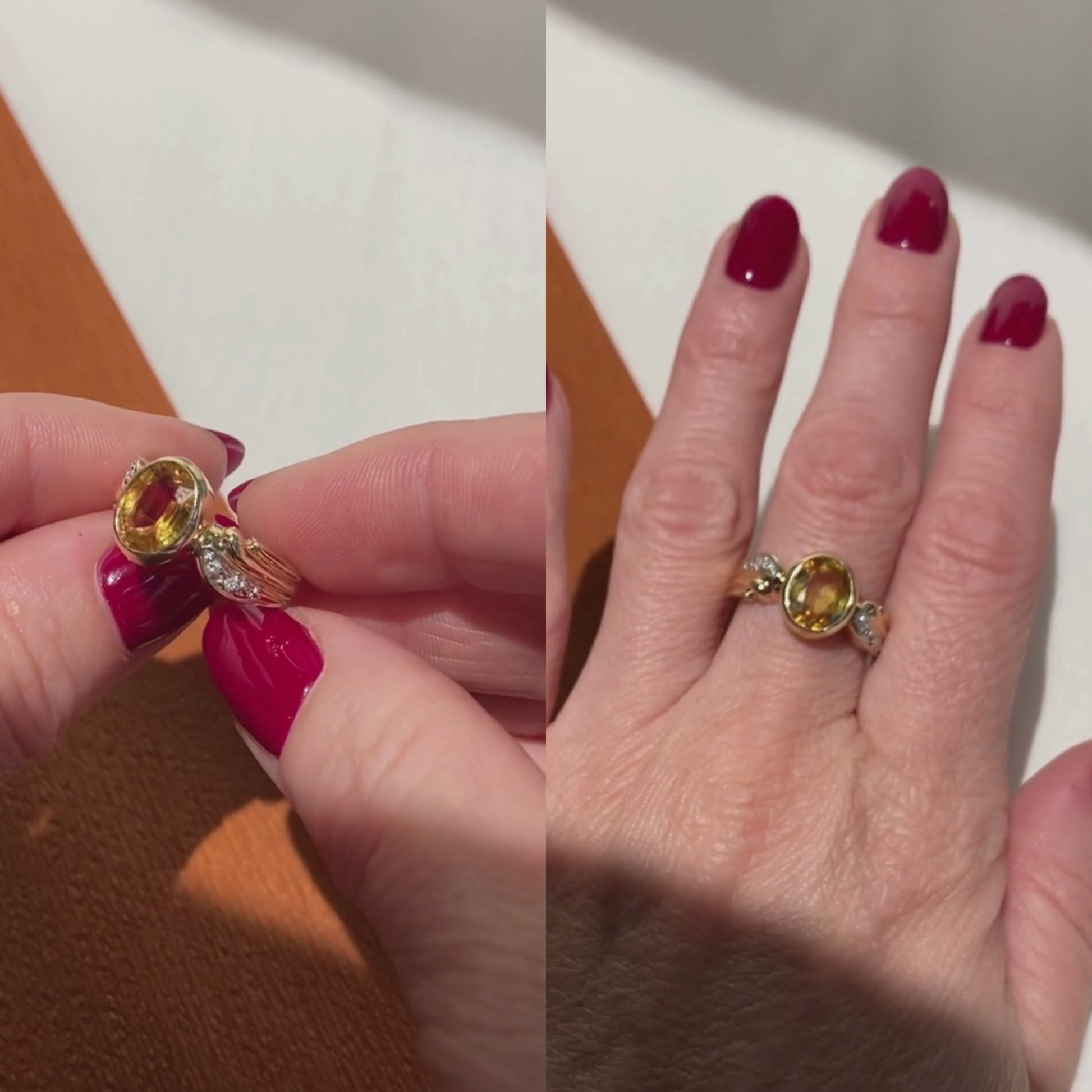 Woman wearing and showcasing the contemporary vintage yellow gold yellow sapphire and diamond cocktail ring.