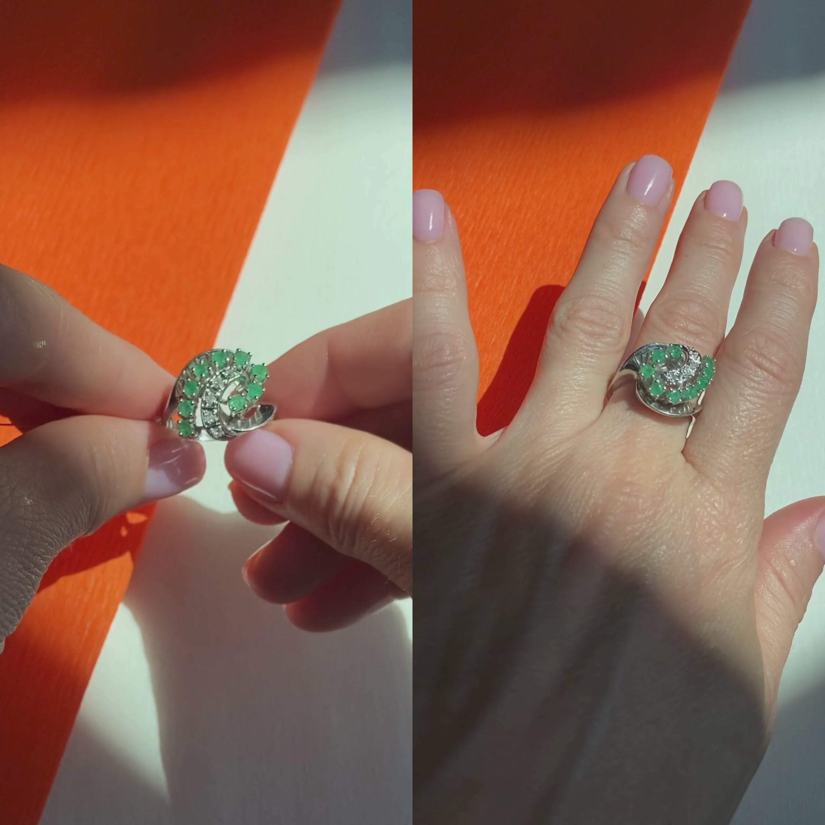 Video of a woman model showcasing and wearing the mid-century white gold cocktail ring with emeralds and diamonds.