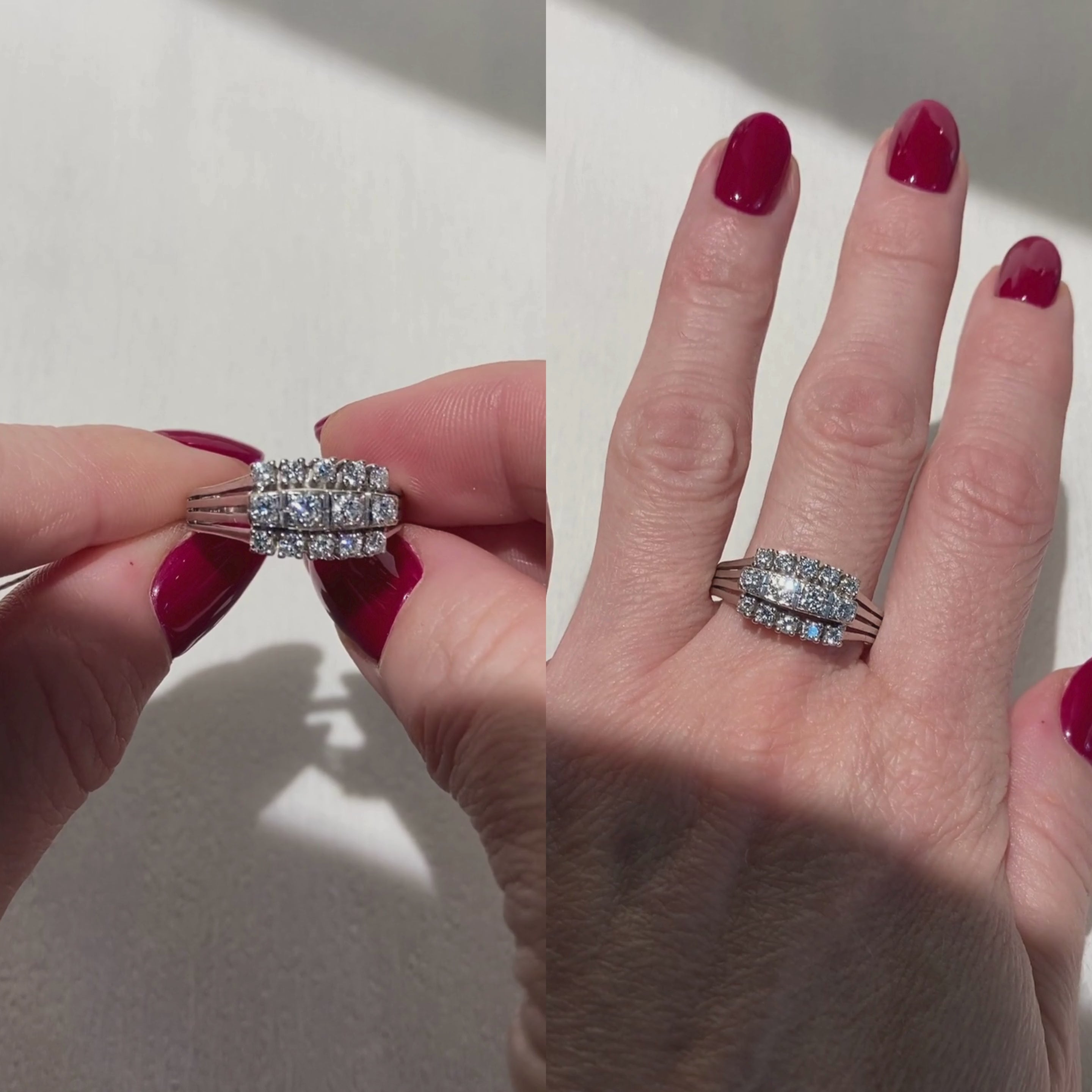 Video of a woman model wearing and showcasing the vintage Mid-Century white gold triple row diamond cocktail ring on hand.