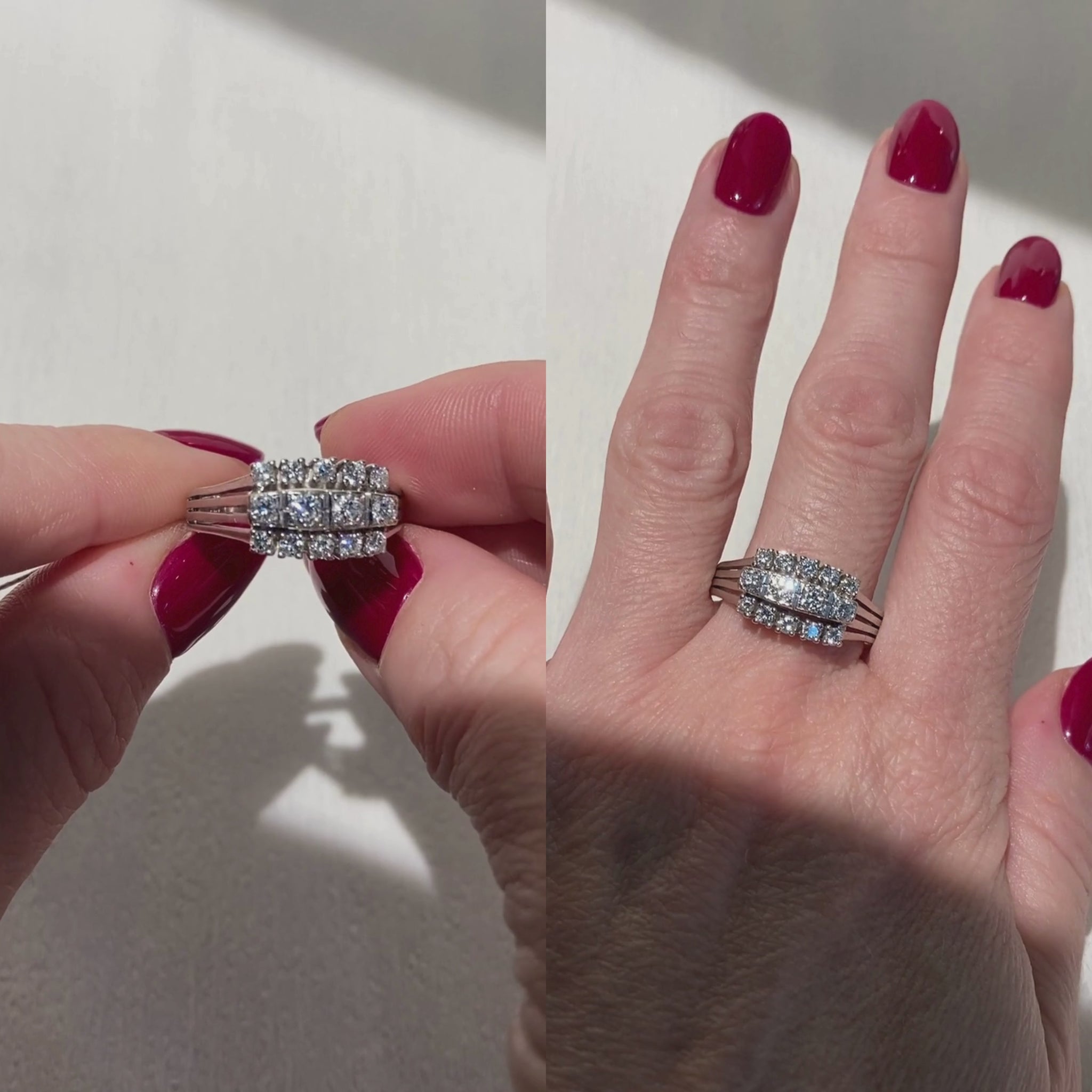 Video of a woman model wearing and showcasing the vintage Mid-Century white gold triple row diamond cocktail ring on hand.