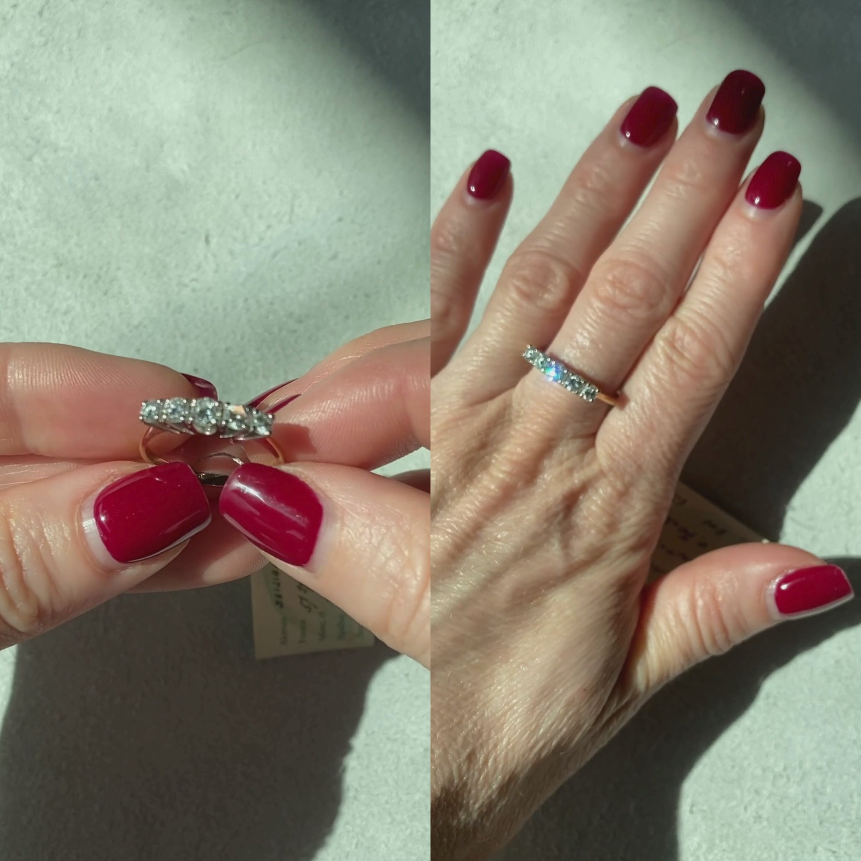 Woman showcasing and wearing the mid-century gold five-stone diamond ring.