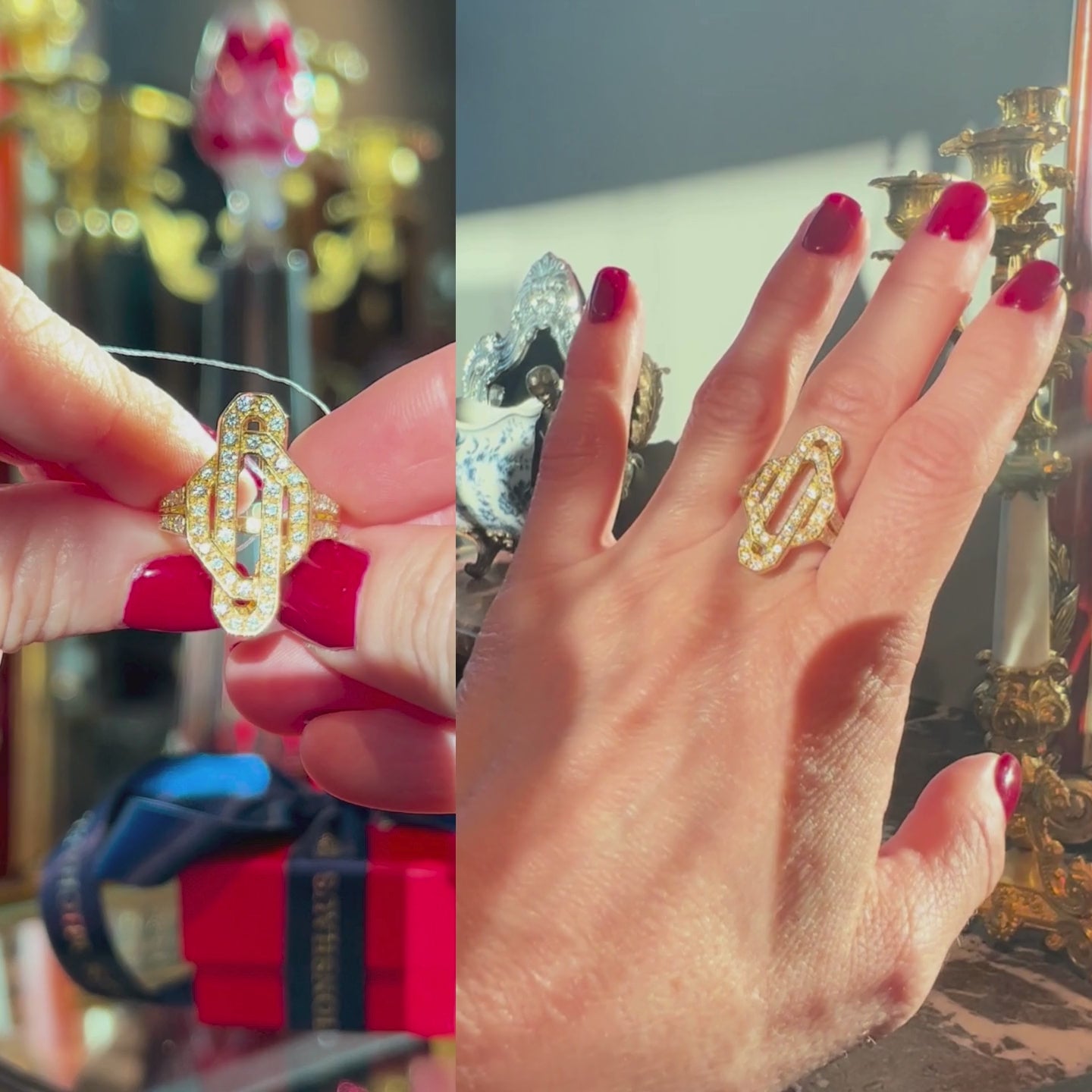 Model hands showcasing the 1970s diamond gold cocktail ring.