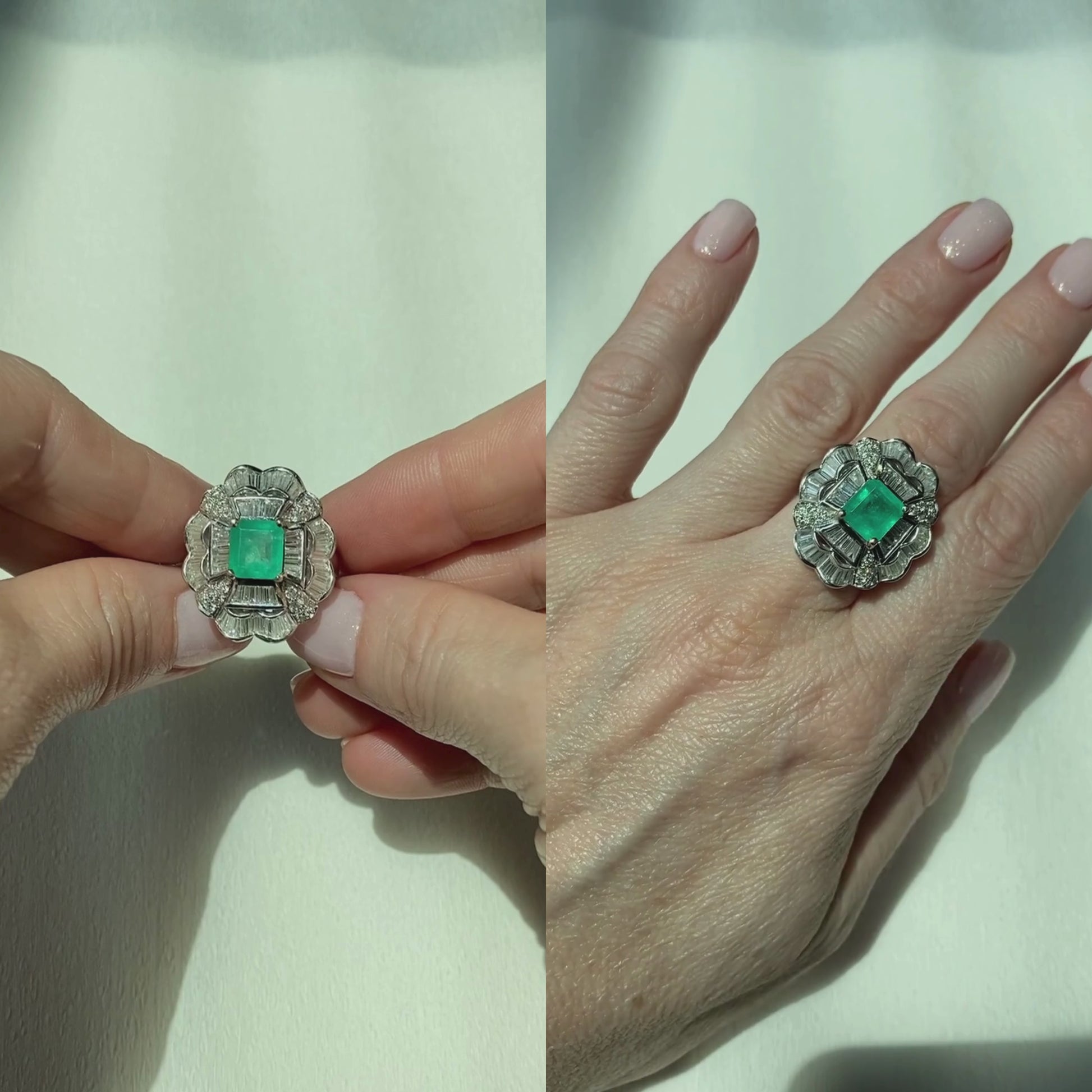 Video of a woman model showcasing and wearing the art deco white gold cocktail ring with diamonds and emerald.