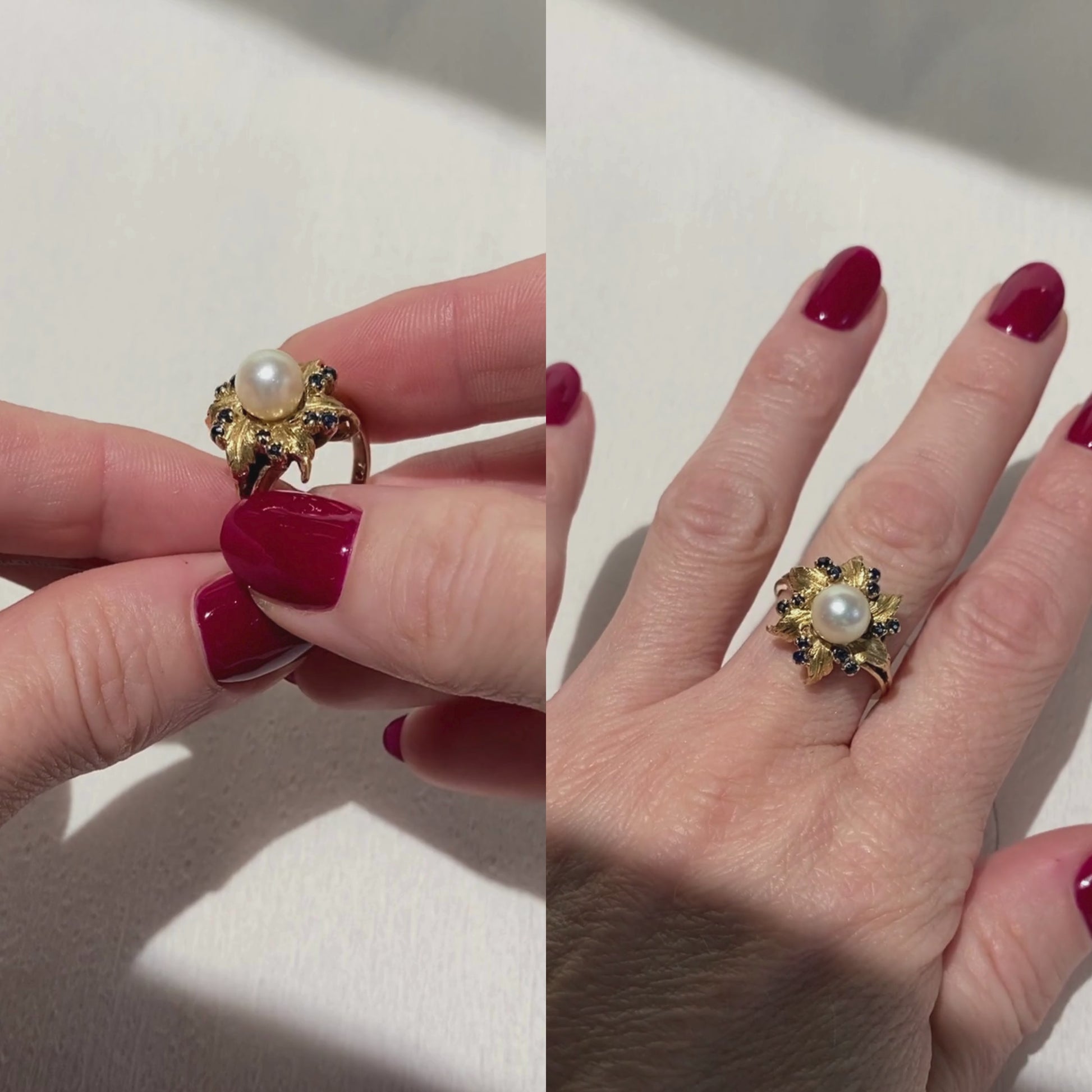 Video of a woman model wearing and showcasing the mid-century gold cocktail ring with pearl and sapphires in a floral design.