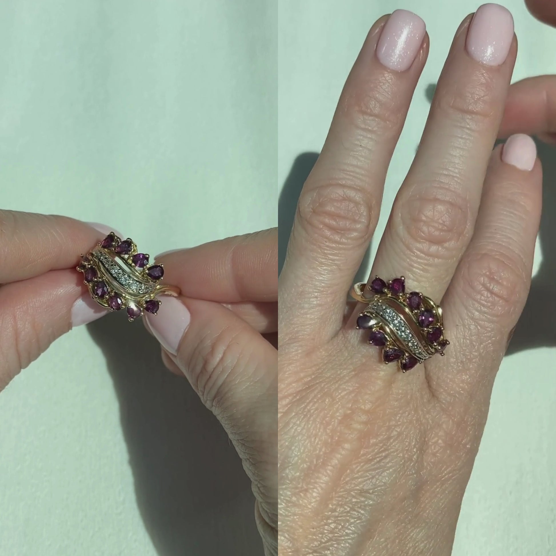 Video of a woman model showcasing and wearing the vintage violet sapphire and diamond gold bypass cocktail ring.