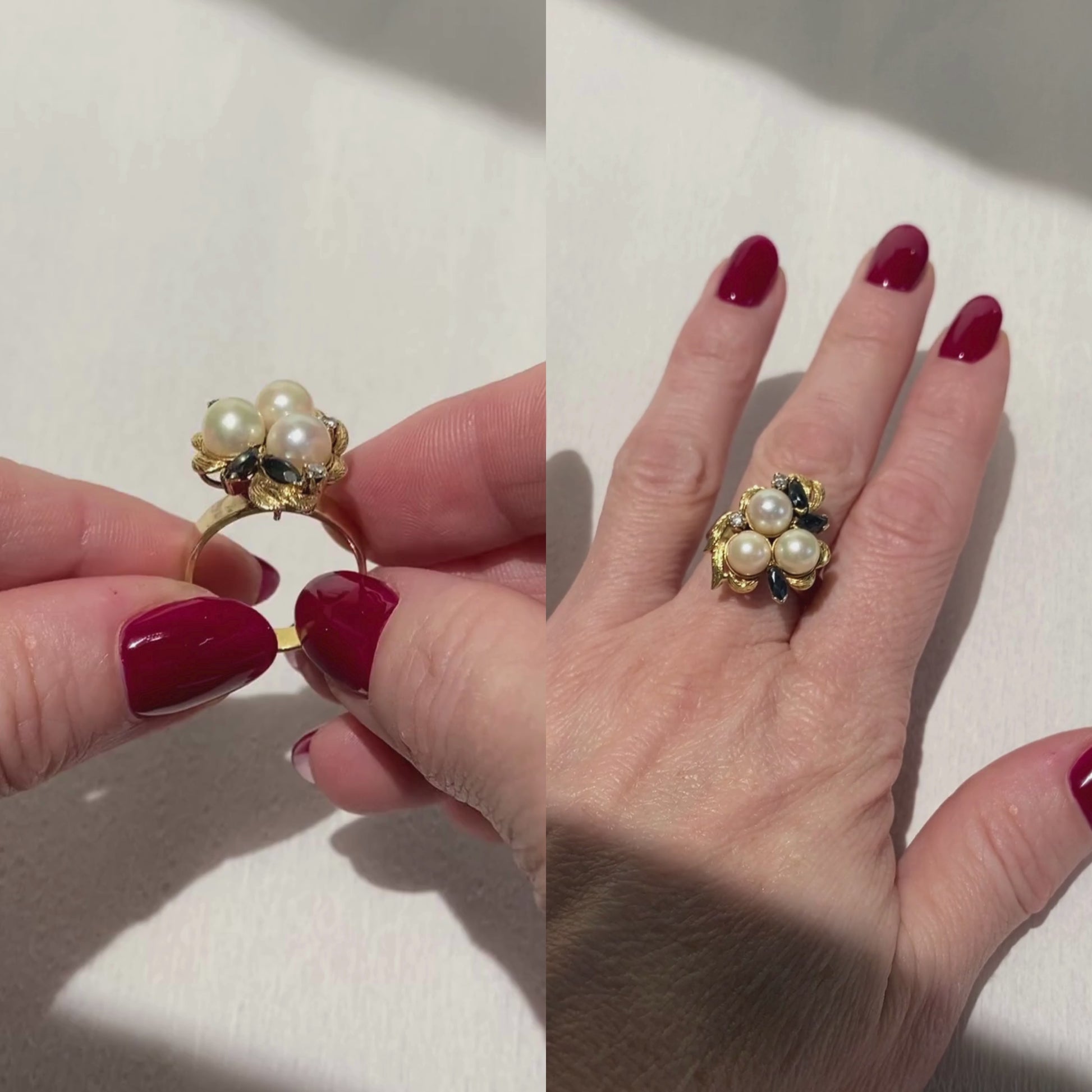 Video of a woman model wearing and showcasing the vintage retro gold cocktail ring with cultured pearls, sapphires and diamonds.