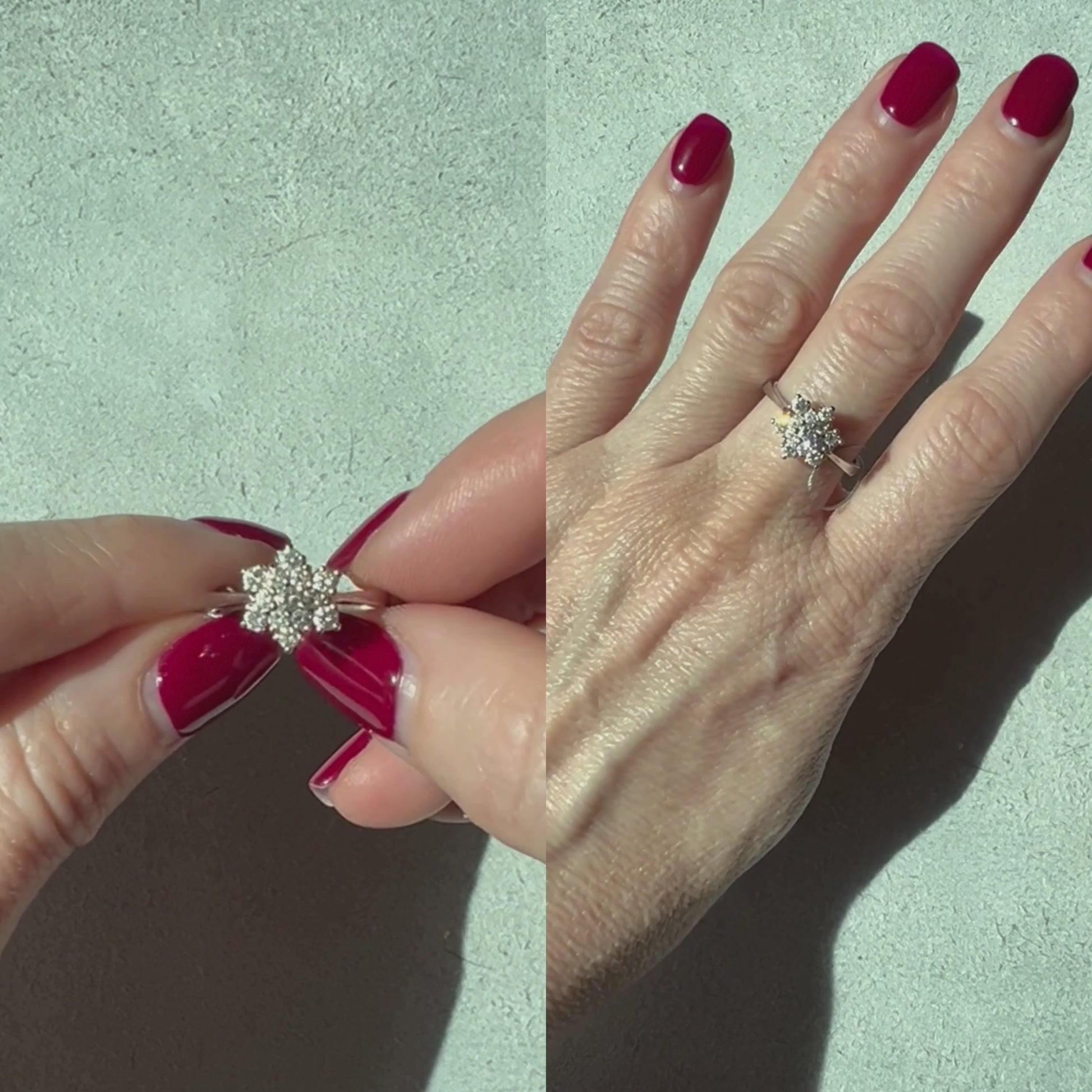 Woman showcasing and wearing the vintage white gold floral diamond cluster ring.