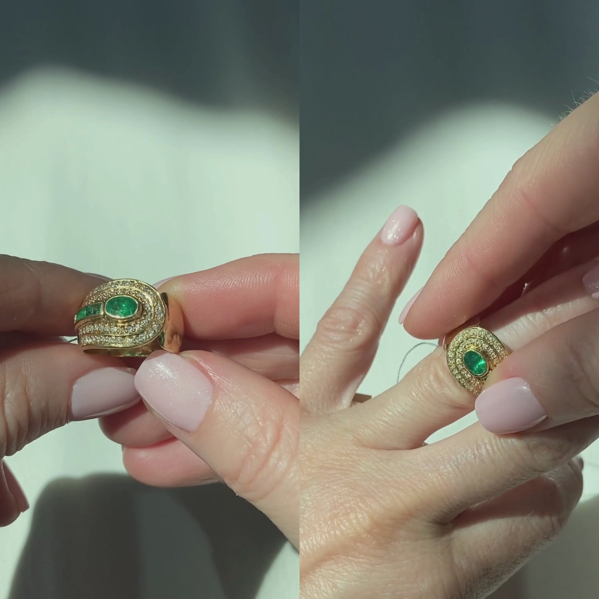 Video of a woman model showcasing and wearing the 1980s gold cocktail ring with emeralds and diamonds.