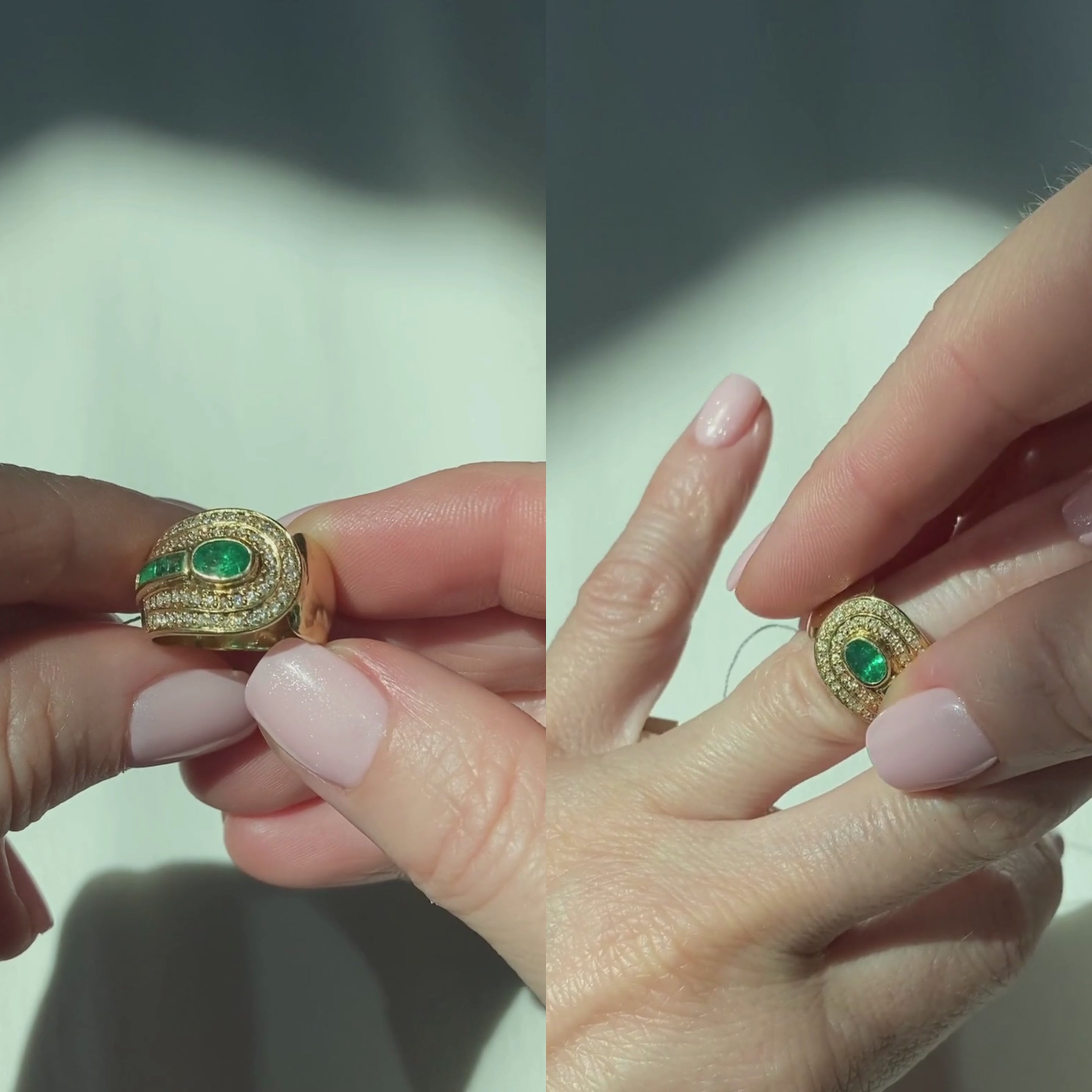Video of a woman model showcasing and wearing the 1980s gold cocktail ring with emeralds and diamonds.