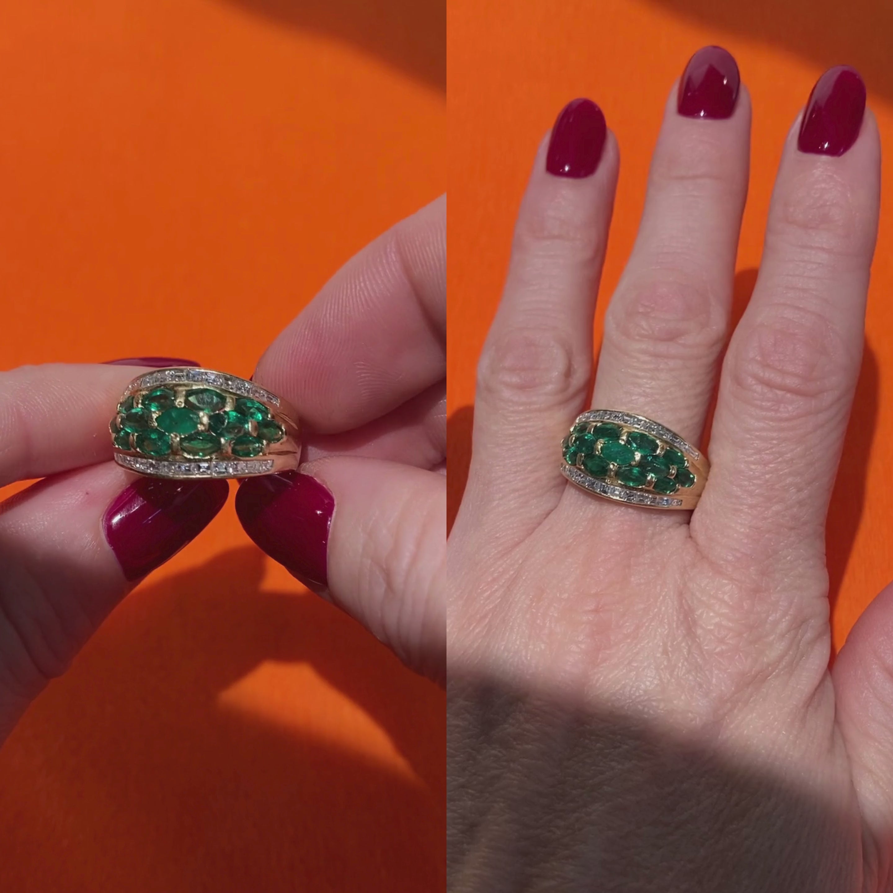 Video of a woman model wearing and showcasing the vintage gold emerald and diamond cocktail ring.