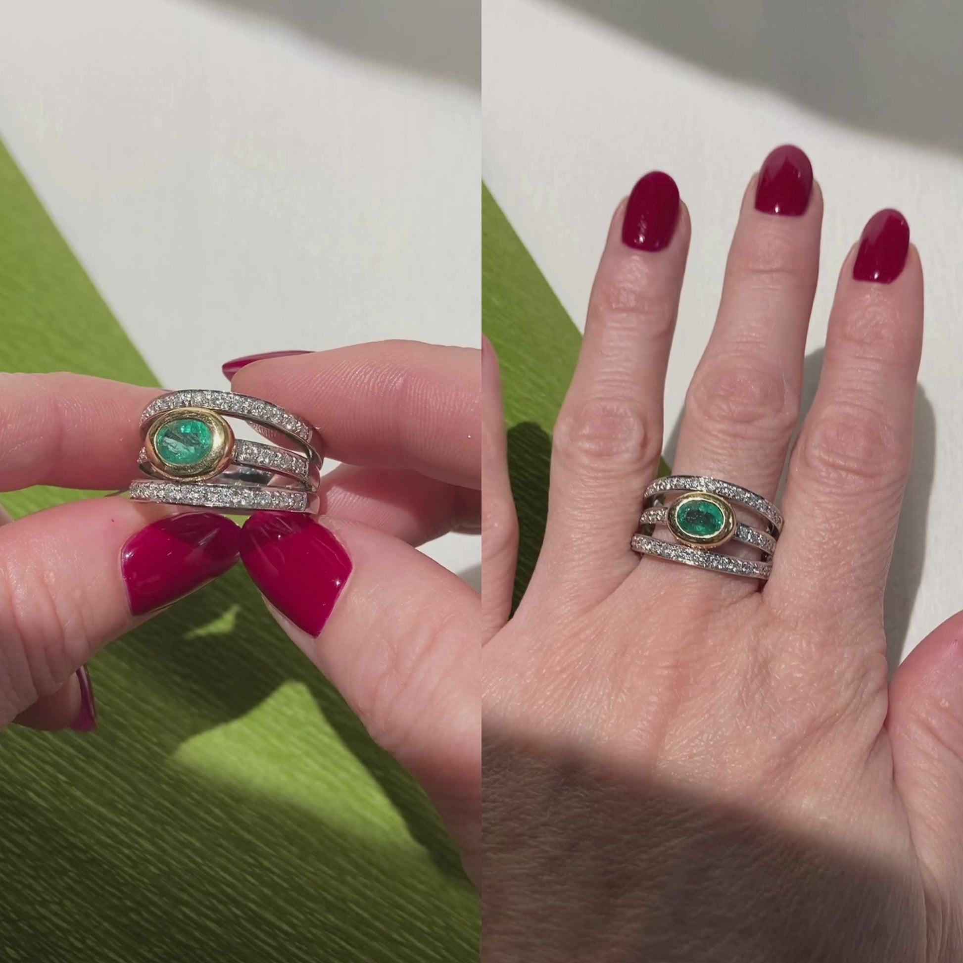 Video of a woman model wearing and showcasing the vintage white and yellow gold emerald and diamond cocktail ring.